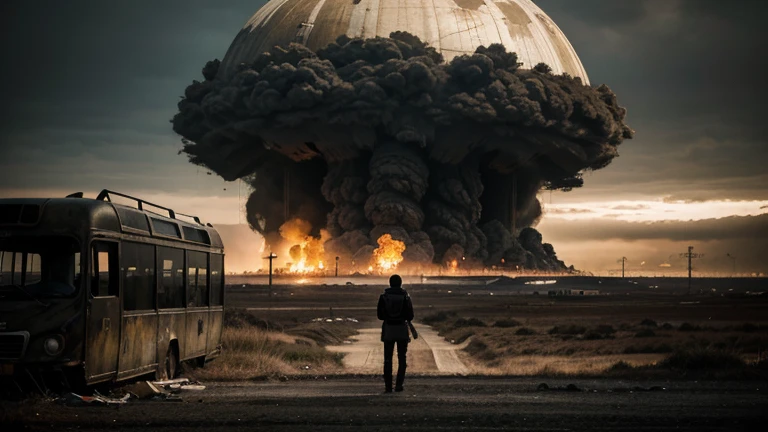 .(obra de arte), (melhor qualidade), (detalhado), landscape reminiscent of radioactive fallout, post-apocalyptic environment, Dark and atmospheric, cyberpunk and post-apocalyptic elements, paisagem urbana desolada, ruined buildings, abandoned vehicles, Fog and darkness engulfing the scene, High resolution 8K image, capturing the strange and mysterious essence of a world transformed by catastrophe