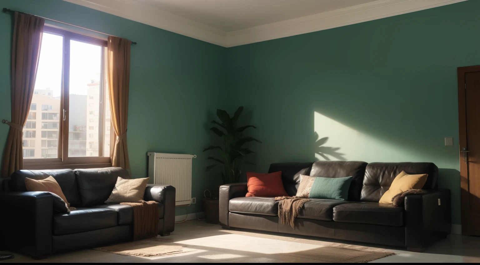 Distressed living room with a large broken sofa and a large window., sala de estar en ruinas, Apartamento sucio con plantas creciendo en el suelo., Polvo, spiderweb, interior arruinado, fondo de la ciudad en ruinas, ruined decoration, apartamento muerto viviente, apartamento horrorpunk, salpicaduras de sangre en las paredes