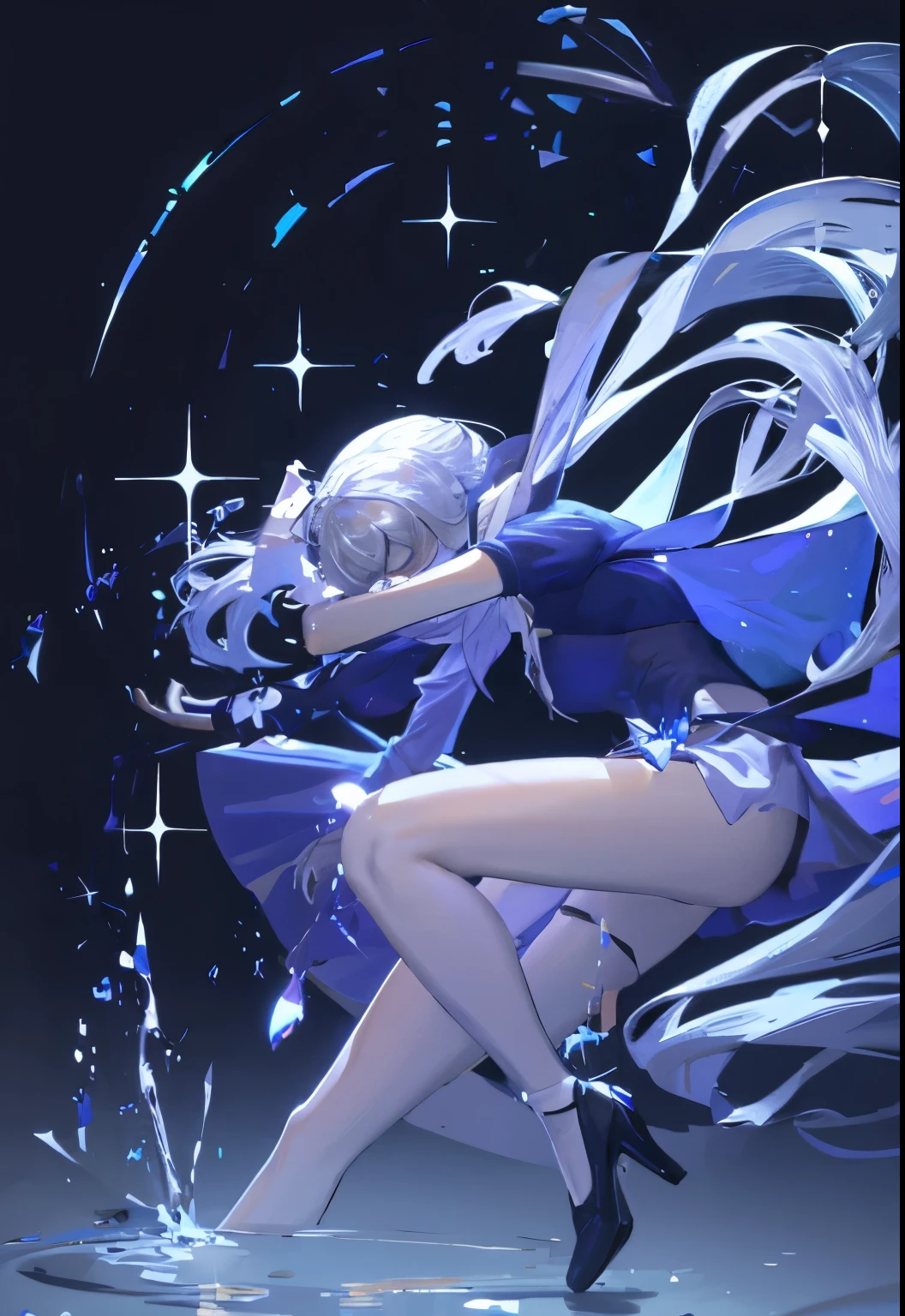 1 girl, transparent water, blue butterfly, pure white gauze skirt, sparkling