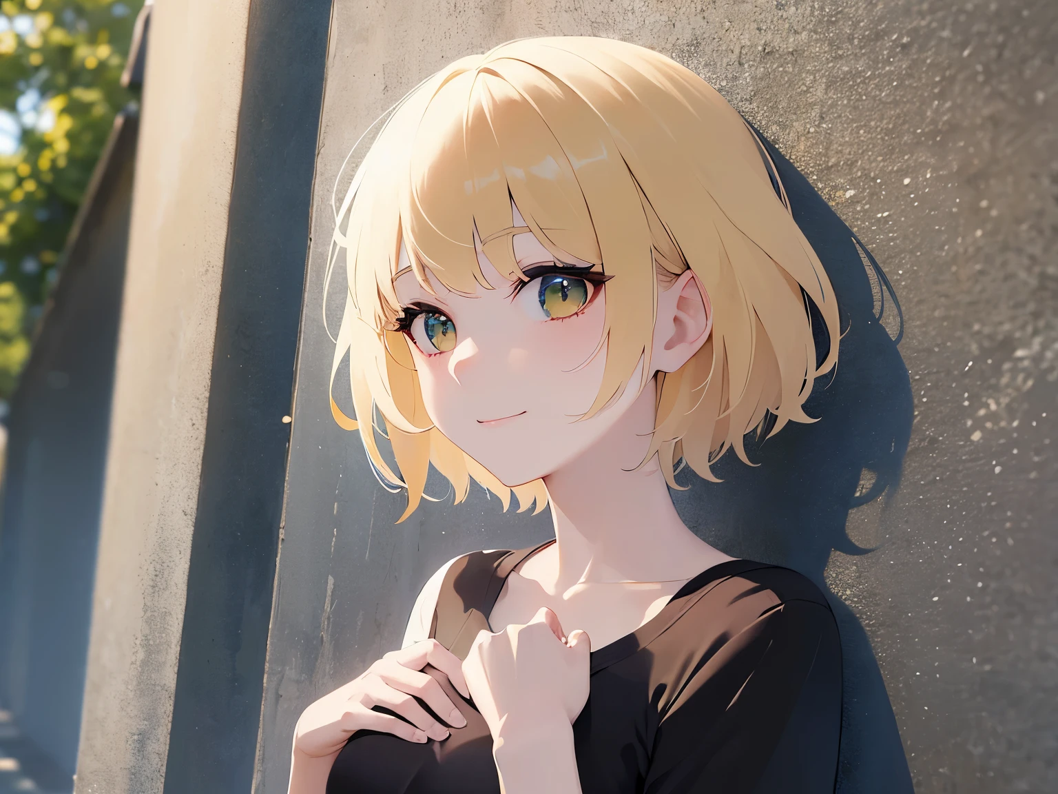 hand on own chest、Biologically correct five fingers、looking up, slender, slim, small breasts、Upper Body, Realistic, real person, (pale skin: 1.2), RAW photo, photorealistic, portrait photography, shiny skin, japanese idol、shiny hair、japanese, (25 year old woman with blonde bangs) and (green eyes) and (very short hair:1.5), (black) and (Plain T-shirt:1.5), (embarrassed:1.3), smile, The background is a parking lot、Alone