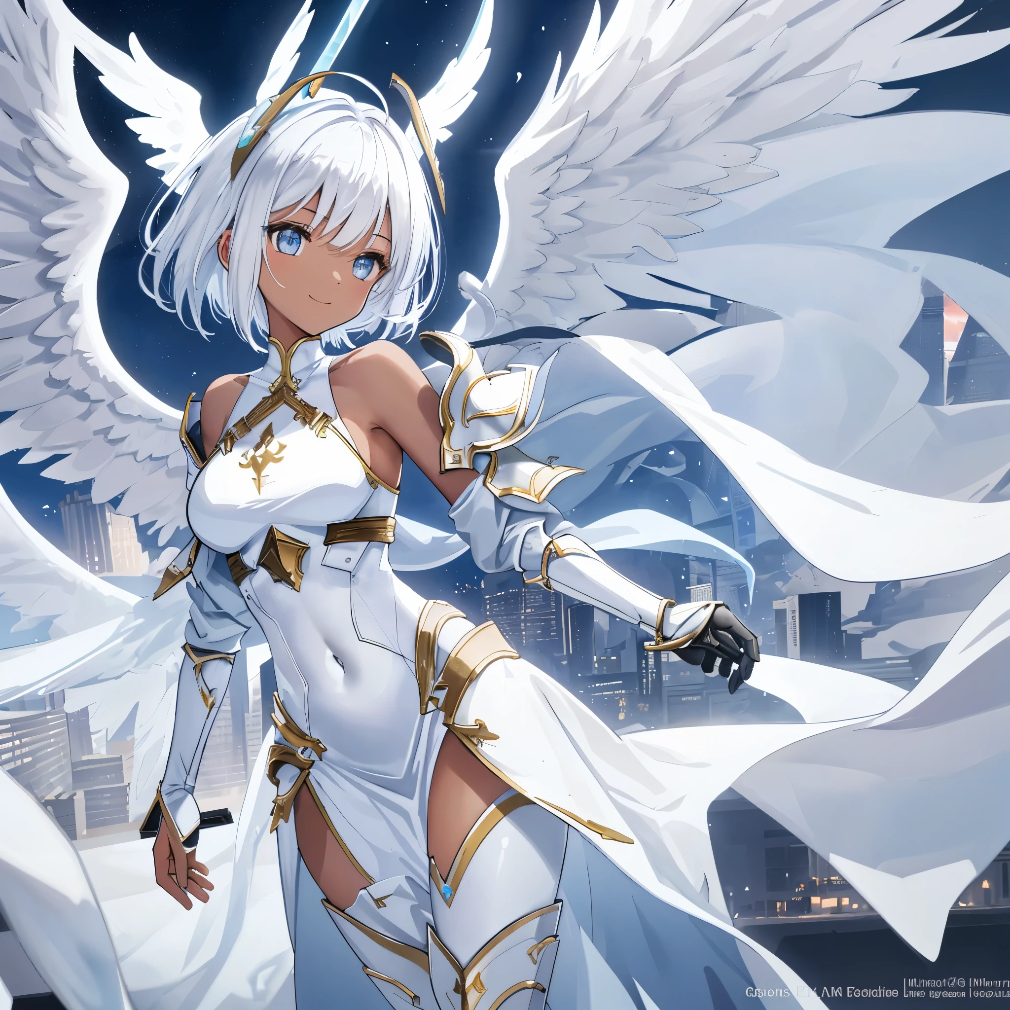 fantasy, 1angel_girl, low_, white_medium_bob_hair,long_bangs, (dark_skin)+, bare_shoulder, navel out, thighhighs,silver_shiny_armor, white_clothes,waist_armor, Glebe, hold_shiny_swords, medium_breasts,, dynamic_pose_fighting,Floating, (1pair_white_wings,pelvic_curtain)++, Headgear ,city_sky_background,,slightly_spread_legs, light_smile,multiple_shiny_swords_floating_around_the_girl