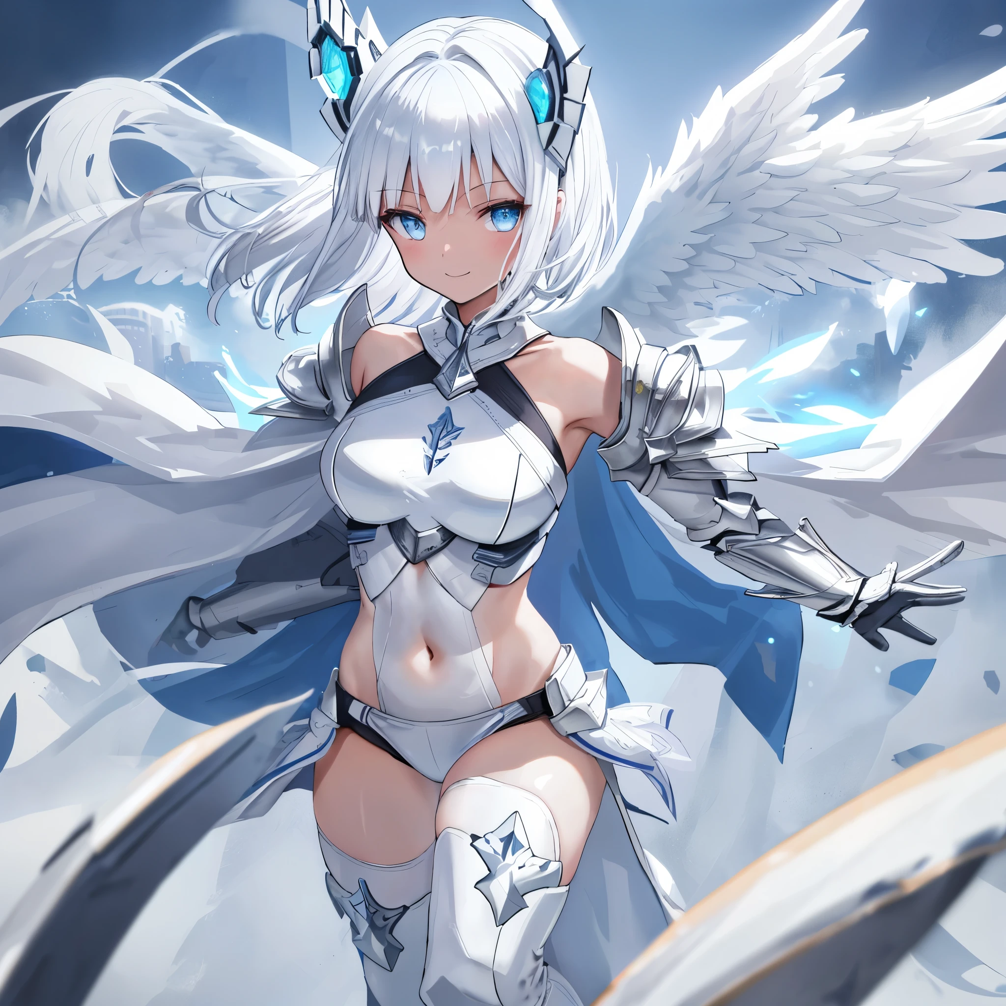 fantasy, 1angel_girl, low_, silver_medium_hair,long_bangs, (dark_skin)+, bare_shoulder, navel out, thighhighs,silver_shiny_armor, white_clothes,waist_armor, Glebe, hold_shiny_swords, medium_breasts, dynamic_pose_fighting,Floating, (1pair_white_wings,pelvic_curtain)++, Headgear ,city_sky_background,,slightly_spread_legs, multiple_shiny_swords_floating_around_the_girl
