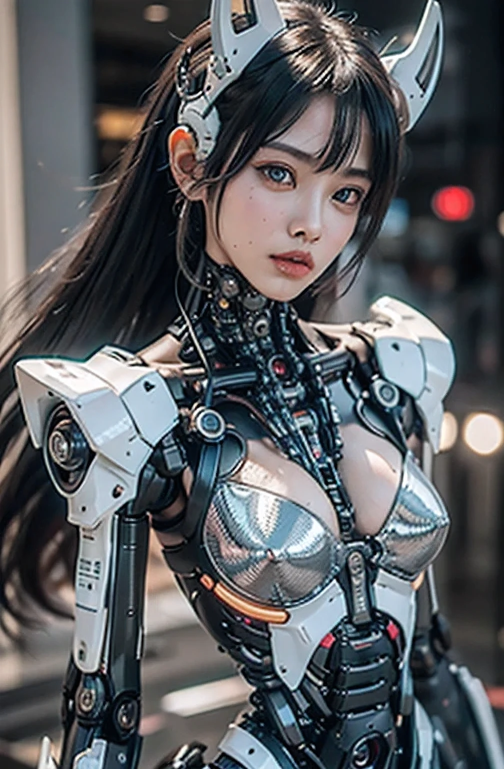 (kagamine rin), highest quality、masterpiece、ultra high resolution、(photo-realistic:1.4)、Raw photo、1 girl、black hair、glowing skin、cyberpunk suit、((Super realistic details))、Portrait、global illumination、Shadow、octane rendering、In 8K、super sharp、、Raw skin exposed in cleavage、Metal、intricate decorative details、Gothic Lolita details、Luminous tube、very intricate details、realistic light、CG Society Trends、purple eyes、shining eyes、towards the camera、neon detailechanical limbechanical vertebrae attached to the back of the blood vessels connected to the tubes、cervical vertebrae mechanically attached to the neck、sit on top、Wires and cables connecting to the head、small led lamp、The background is a futuristic server room、best quality, 8k, highres, octan render, (masterpiece:1.2), extremely ultra detail, cyborgized beautiful Japanese woman, , skinny body, flat chest, (blue metallic mechanical frame:1.5), (Power cables connected throughout the body), detaile up, Instead of hair, there are cables growing out of it, mechanical fusion, mechanical skeleton, bio mechanics, mechanical life-form, extremely ultra real texture, human-like skin, realistic hair, realistic metal texture, professional lighting, (realistic:1.4), (RAW photo:1.2), (photorealistic:1.5)