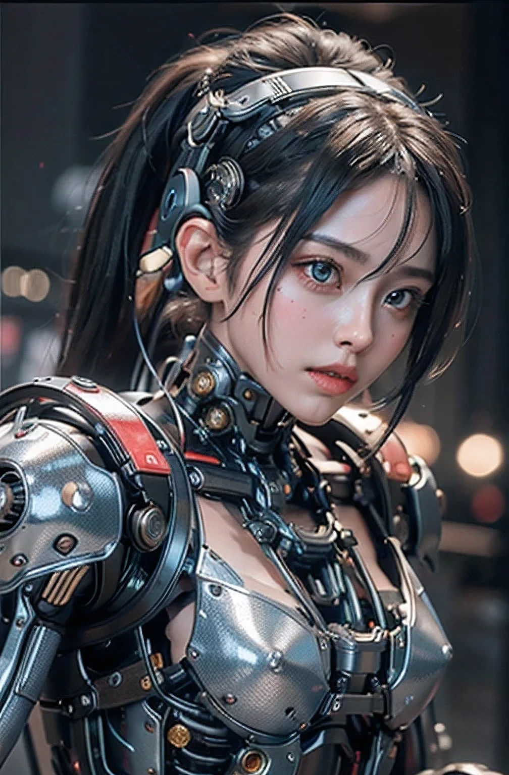 (kagamine rin), highest quality、masterpiece、ultra high resolution、(photo-realistic:1.4)、Raw photo、1 girl、black hair、glowing skin、cyberpunk suit、((Super realistic details))、Portrait、global illumination、Shadow、octane rendering、In 8K、super sharp、、Raw skin exposed in cleavage、Metal、intricate decorative details、Gothic Lolita details、Luminous tube、very intricate details、realistic light、CG Society Trends、purple eyes、shining eyes、towards the camera、neon detailechanical limbechanical vertebrae attached to the back of the blood vessels connected to the tubes、cervical vertebrae mechanically attached to the neck、sit on top、Wires and cables connecting to the head、small led lamp、The background is a futuristic server room、best quality, 8k, highres, octan render, (masterpiece:1.2), extremely ultra detail, cyborgized beautiful Japanese woman, , skinny body, flat chest,  (blue metallic mechanical frame:1.5), (Power cables connected throughout the body), detaile up, Instead of hair, there are cables growing out of it, mechanical fusion, mechanical skeleton, bio mechanics, mechanical life-form, extremely ultra real texture, human-like skin, realistic hair, realistic metal texture, professional lighting, (realistic:1.4), (RAW photo:1.2), (photorealistic:1.5)