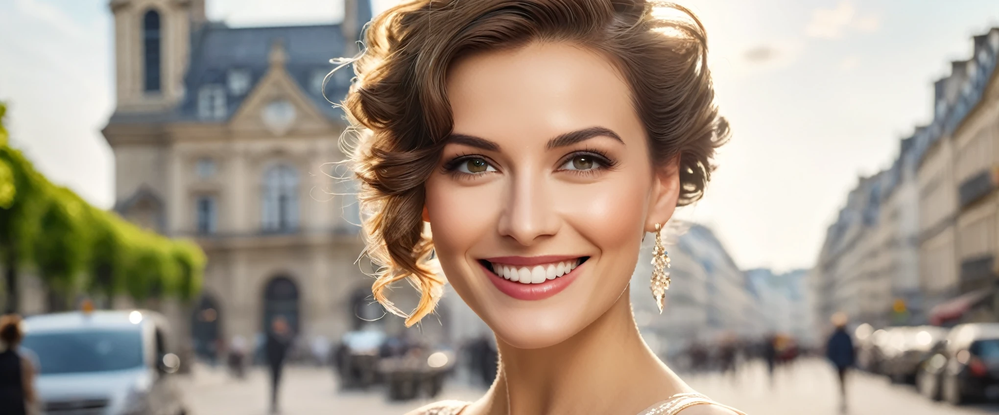 Meisterwerk, superior quality, Ultradetailliert, 8K-Zeichnung unter CG-Einheit, eine Frau, die den Betrachter direkt ansieht, Sommerthema, an enchanting and happy look, im Stadtzentrum von Paris, smiling, mit langen kurzem Haaren und Elegantem Stiel.