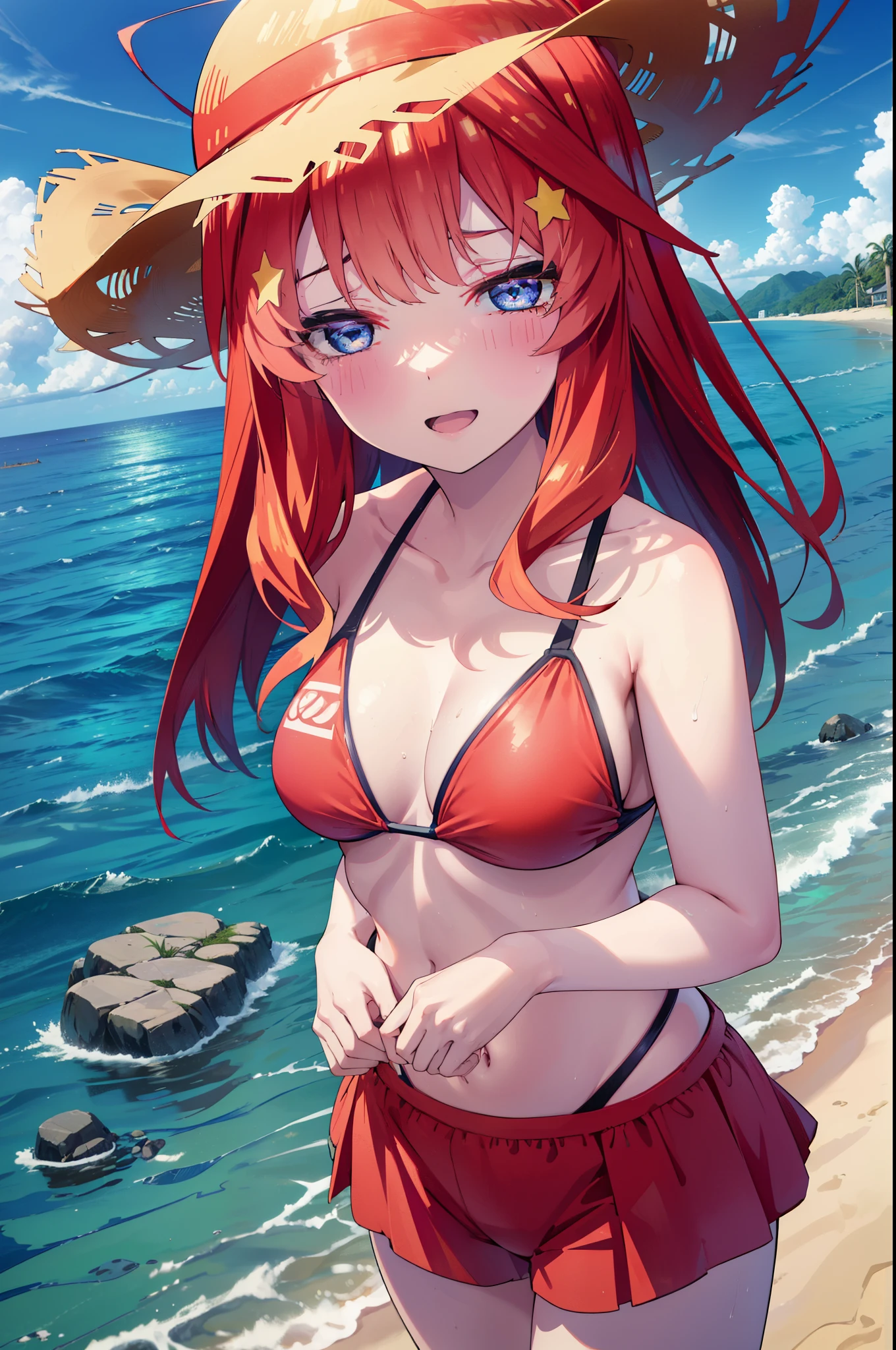 itsukinakano, itsuki nakano, bangs, blue eyes, hair between eyes, Ahoge, redhead, star \(symbol\), hair ornaments, star hair ornaments,big breasts,Smile, smile, open your mouth,big straw hat, Red Bikini Swimsuit,bare belly,red pareo swimsuit,barefoot, beach outfit,true summer,Palm tree,
break outdoors, beach,
break looking at viewer,whole body, (cowboy shot:1.5),
break (masterpiece:1.2), highest quality, High resolution, unity 8k wallpaper, (figure:0.8), (detailed and beautiful eyes:1.6), highly detailed face, perfect lighting, Very detailed CG, (perfect hands, perfect anatomy),