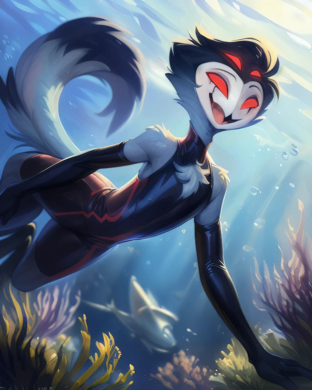 (furry art, upload on e621), ((stolas)), (anthro, furry), (open mouth), sfw, (red atmospheric diving suit, black gloves, elbow gloves, (underwater background), low angle view, short hair, black hair, white face, four eyes, girly, (skinny), smile, happy, red eyes, 1boy, black legs, solo, (tail), extra eyes, (tall), (standing), masterpiece, (best quality:1.2), sharp image, detailed image, colorful, vibrant colors, detailed face, perfect lighting, perfect shadows, perfect eyes, perfect face, (detailed background, depth of field), (4k, 2k, shaded, absurd res),, 8k hd, (by zackary911, by darkgem), by syuro, (by kenket), by Pino Daeni, by Ruan Jia, by Shiitakemeshi, by Alayna Lemmer, by Carlo Galli Bibiena,