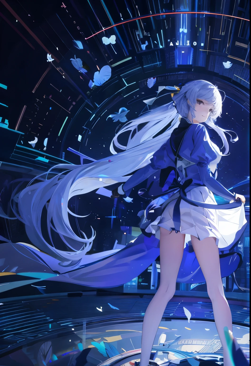 1 girl, transparent water, blue butterfly, pure white gauze skirt, sparkling