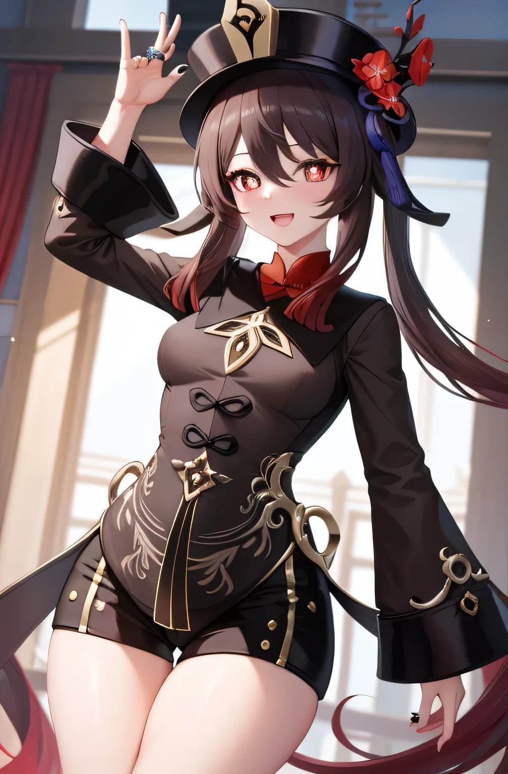 masterpiece, best quality, HuTaoV4, 1girl, solo, looking at viewer, symbol-shaped pupils, flower shaped pupils, blush, smile, open mouth, long sleeves, hat, jewelry, flower, thighs, shorts, socks, nail polish, black headwear, chinese clothes, black shorts, ring, all fours, black nails, hat flower, large breasts and thick thighs, She has a curvy body, cowboy shot, hermoso long legs,