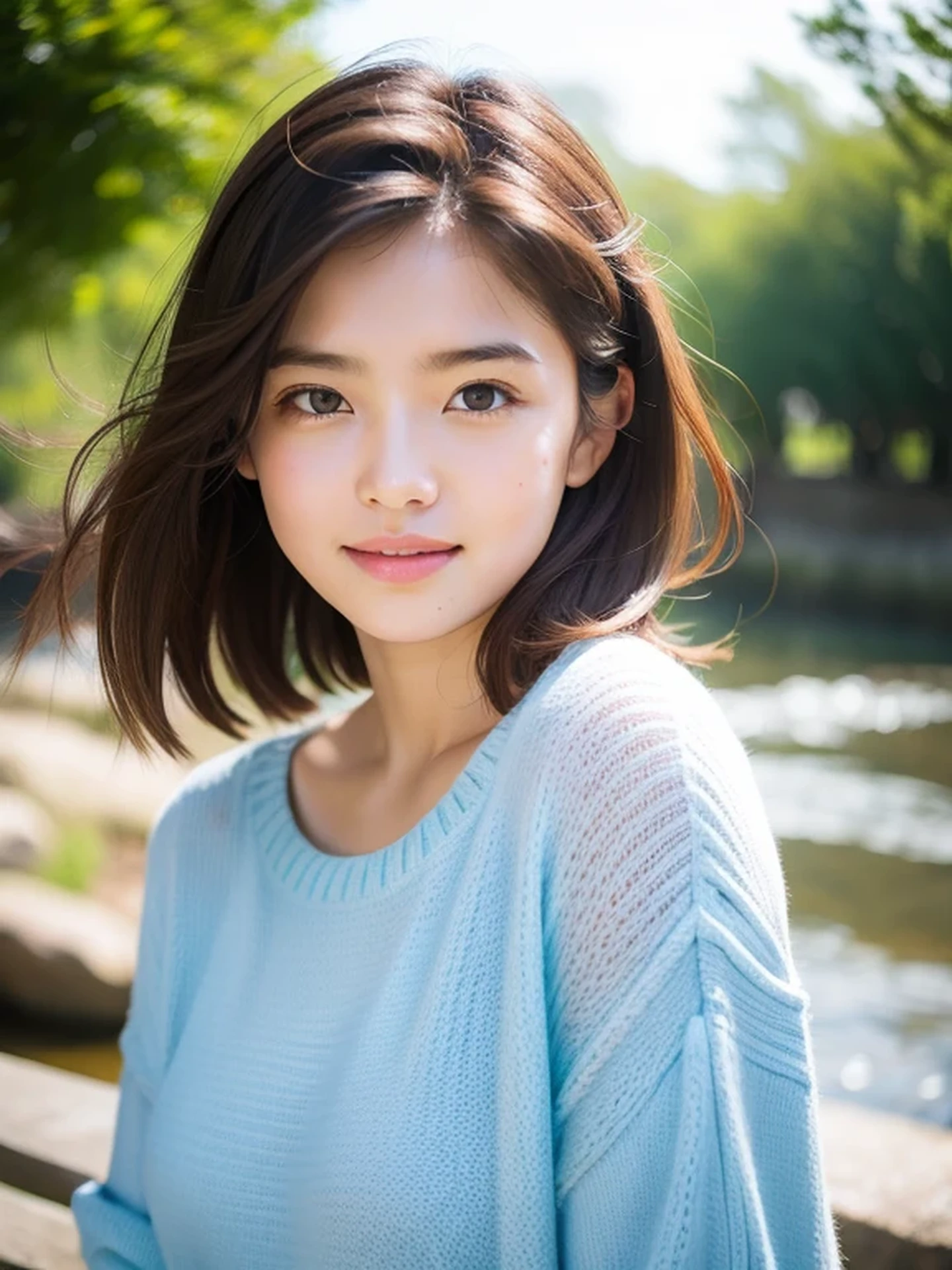 masterpiece, Best Quality, Raw photo, 8K, ultra-detailed face, 1girl, Beautiful detailed skin, backlight, soft light, bashful, (shoot from front:1.2), smile, Luminescent, Anatomically correct, Medium hair swaying in the wind, Eyes and faces with detailed, Textured skin, Professional Photography, Bokeh, Portrait, Professional Lighting, Solo, Cute, Girly, Film grain, sweater, Watermill,