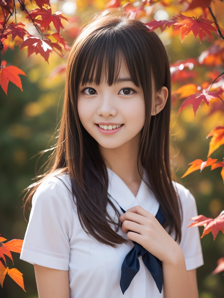 masutepiece, Best Quality, 8K, 10yaers old, Teen, Raw photo, absurderes, award winning portrait, Smile, Solo, Idol face, Delicate girl, Upper body, Digital SLR, Looking at Viewer, Candid, Sophisticated, Thin arms, Professional Lighting, Film grain, chromatic abberation, (Eyes and faces with detailed:1.0), (Bokeh:1.1) , Beautiful autumn leaves on the background , closes mouth , Sailor Uniform , A dark-haired , tiny chest