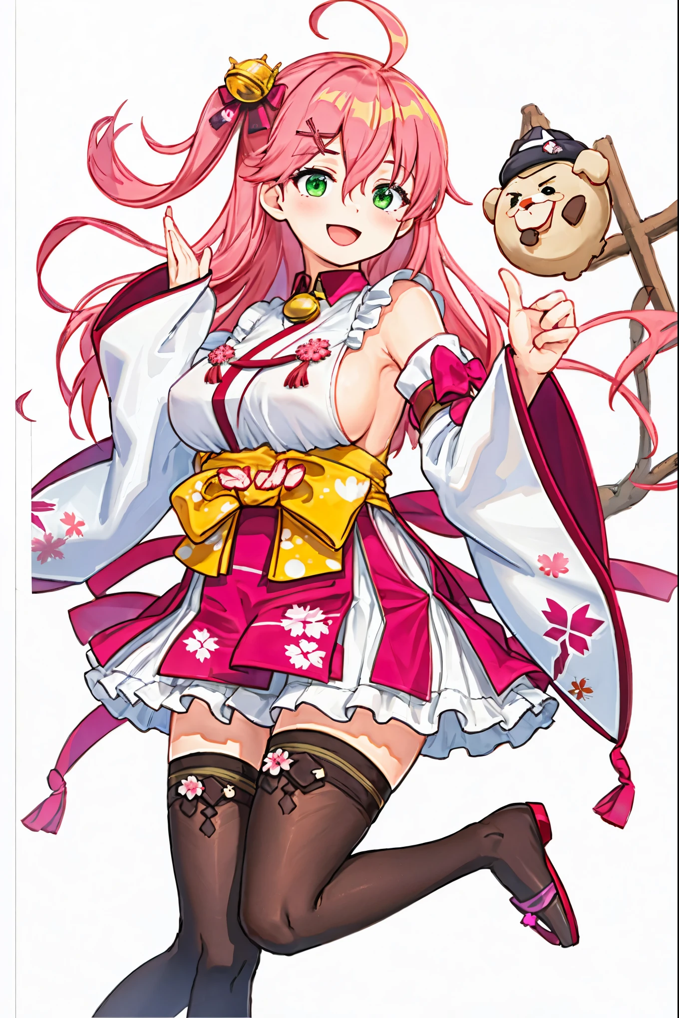 masterpiece, best quality, highres, miko1, sakura_miko, 1girl, green eyes, solo, ahoge, x_hair_ornament, pink_hair, floral print, hairclip,side_less_clothes, (sideboobs:1.4), hair_bell, floral print, long_hair, hair between eyes, one side up, white thighhighs, asymmetrical legwear, wide sleeves, open_mouth,happy,close_eyes, smile,jumping,rising_leg,plump,apart_legs,(overly_long_sleeves:1.1),(beautiful_fingers),sleeves_past_wrists,hands_hidden_sleeves,Japanese_park_background,