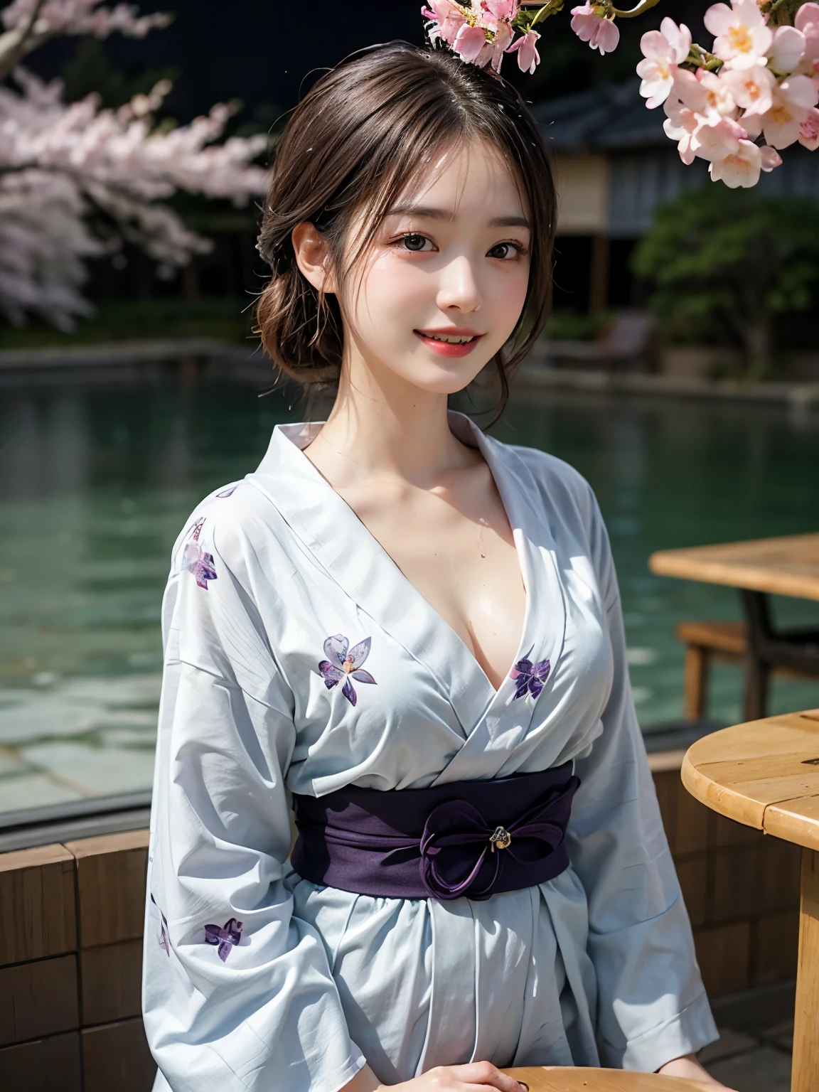 (table top, highest quality:1.4), beautiful face, 8K, 85mm, absurd, (floral pattern yukata:1.4), Upper body, viola lace, gardenia, delicate girl, alone, break、contrast、whole body、grin and laugh、break、brown hair color long straight hair 、cosmetics 、Big breasts, cleavage visible、((drenched, soaking wet, dripping water, Wet all over, Wet 、))、 Cherry blossoms at night、Cherry blossom trees、cherry blossom petals