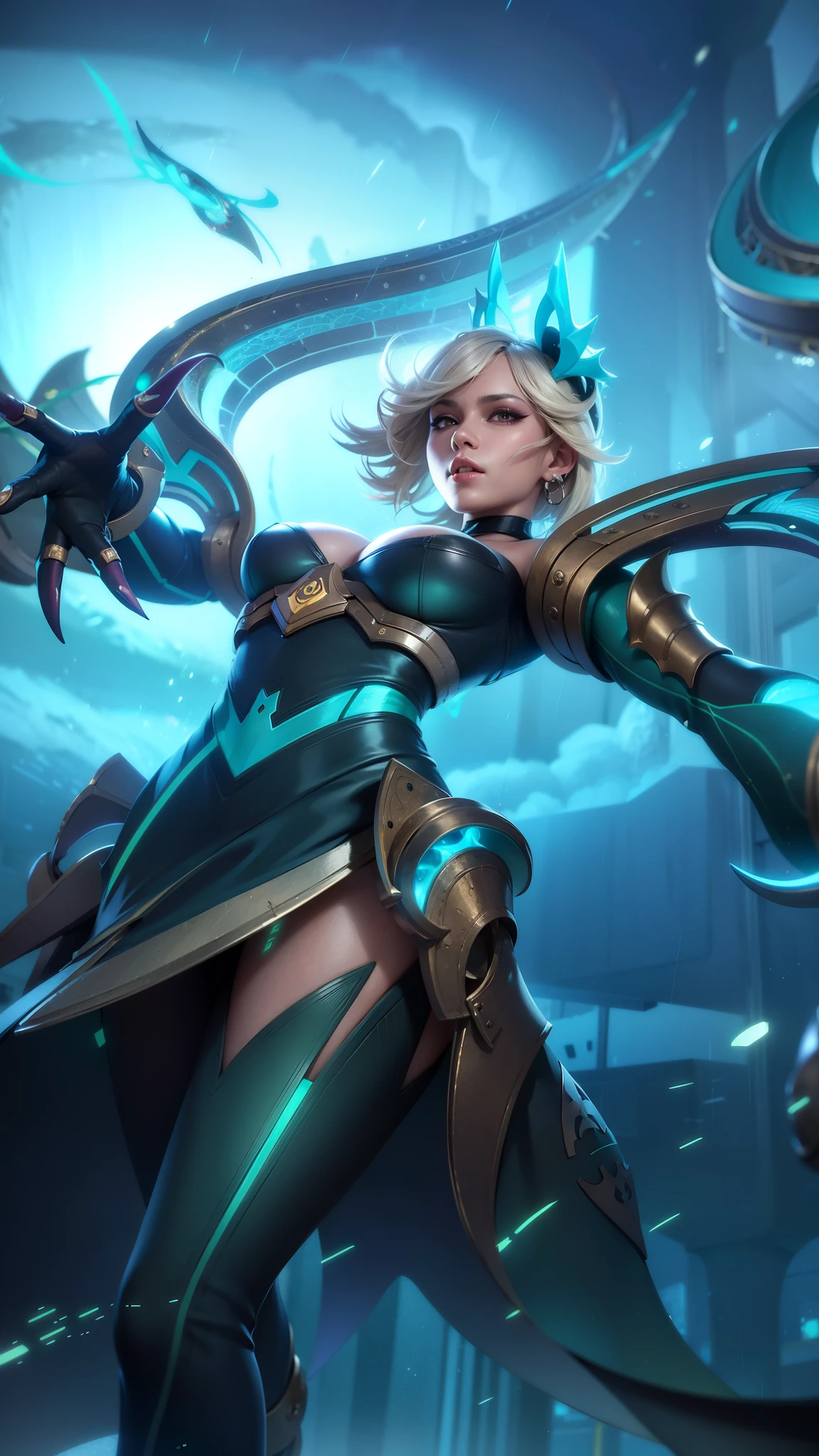 (female:1.2), 8k, ultra hd, ultra detailed texture, hyper realistic, masterpiece, detailed texture, detailed face, detailed skin, detailed lighting, (photorealistic:1.5), best quality, beautiful lighting, cinematic lighting, professional lighting, ultra highres, realistic, detailed hair, real hair, high quality, (realskin:1.5), extremely detailed, finely detail, ultra-detailed, 1girl, solo, floating, (fire eyes), glowing eyes, black lips, v-shapped eyes, closed mouth, angry, colored skin, dark skin, purple skin, nose, pretty, beautiful, make up, evil smile, short hair, blonde hair bangs, large breasts, thigh, pauldrons, black pants, belt, purple coat, mechanical wings, armor shoulder, gloves, eudora \(mobile legends\), depth of field, looking aways, skin tight, amazing pose, glowing electric, lighting, cinematic background, elf ears.