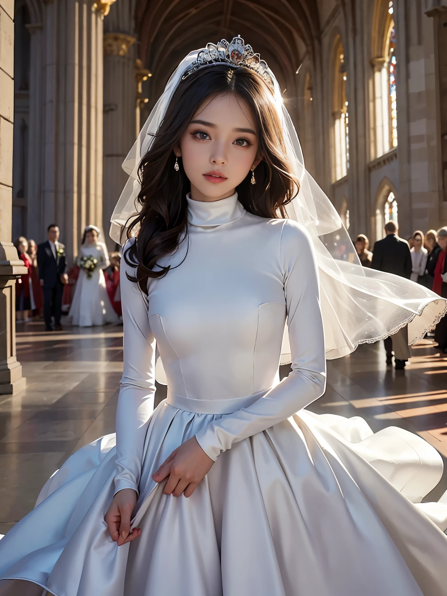 best quality, masterpiece, 1 girl, (yak), cute teen, shiny lips, sweet, sun glare, Conservative attire, turtleneck wedding dress, bridal tiara, depth of field, blurred background, Cathedral Background, light particles, strong wind, head tilt, long hair,