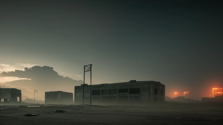 .(obra de arte), (melhor qualidade), (detalhado), landscape reminiscent of radioactive fallout, post-apocalyptic environment, Dark and atmospheric, cyberpunk and post-apocalyptic elements, paisagem urbana desolada, ruined buildings, abandoned vehicles, Fog and darkness engulfing the scene, High resolution 8K image, capturing the strange and mysterious essence of a world transformed by catastrophe