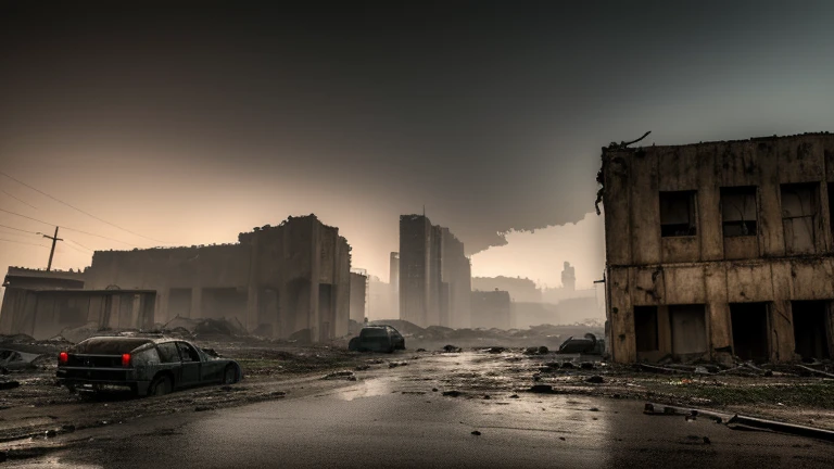 .(obra de arte), (melhor qualidade), (detalhado), landscape reminiscent of radioactive fallout, post-apocalyptic environment, Dark and atmospheric, cyberpunk and post-apocalyptic elements, paisagem urbana desolada, ruined buildings, abandoned vehicles, Fog and darkness engulfing the scene, High resolution 8K image, capturing the strange and mysterious essence of a world transformed by catastrophe