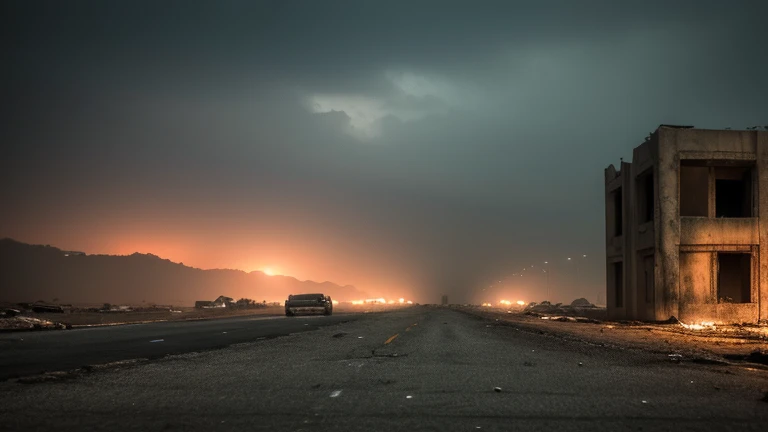 .(obra de arte), (melhor qualidade), (detalhado), landscape reminiscent of radioactive fallout, post-apocalyptic environment, Dark and atmospheric, cyberpunk and post-apocalyptic elements, paisagem urbana desolada, ruined buildings, abandoned vehicles, Fog and darkness engulfing the scene, High resolution 8K image, capturing the strange and mysterious essence of a world transformed by catastrophe