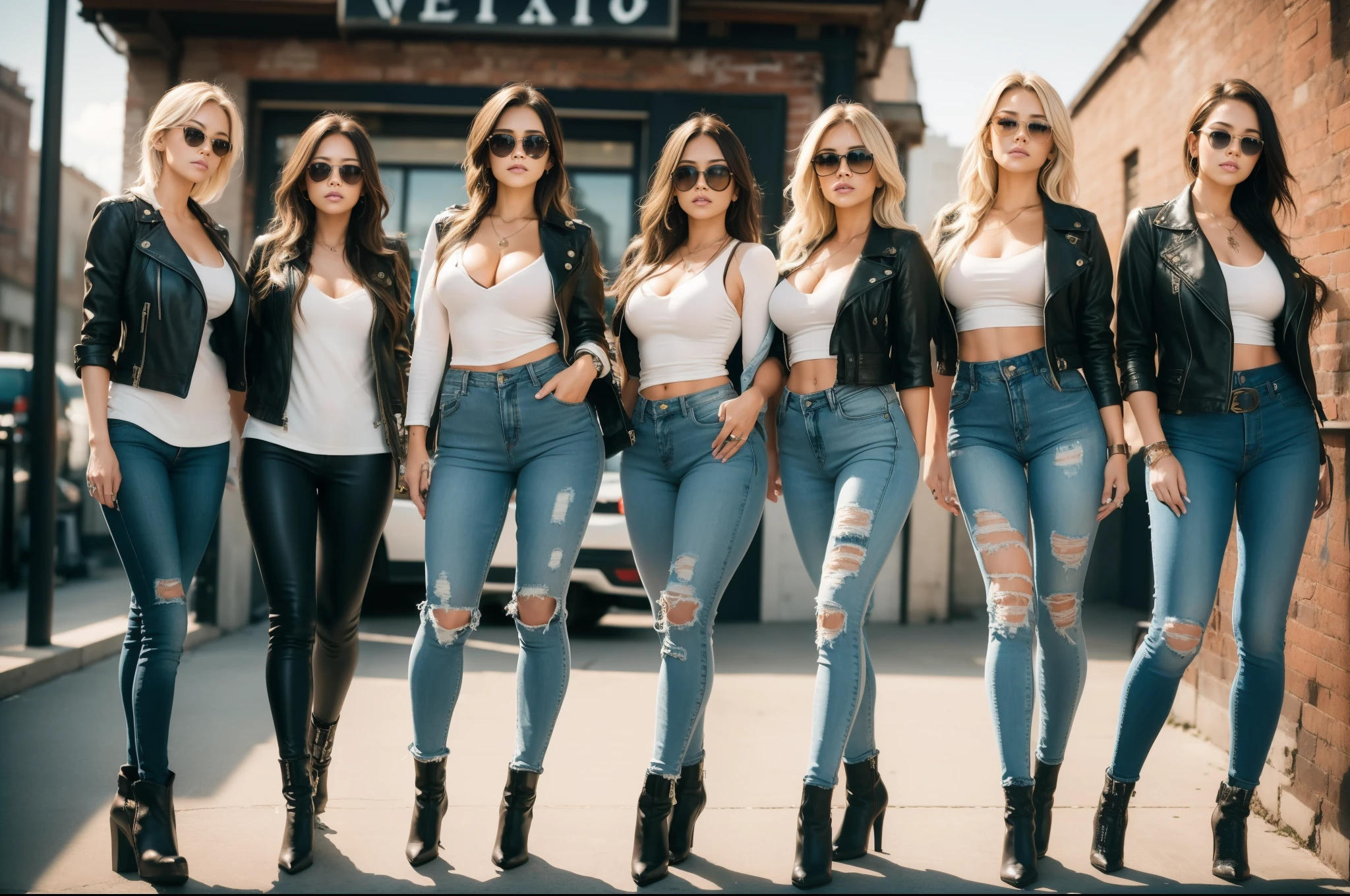 photorealistic、Live-action version、riders jacket、distressed denim、laminate pants、long legs、boots、tattoo、accessories、blonde hair、light brown hair、sunglasses、brick building、Warehouse district、hall々walk with、lined up、woman with bad attitude、group、high delinquent