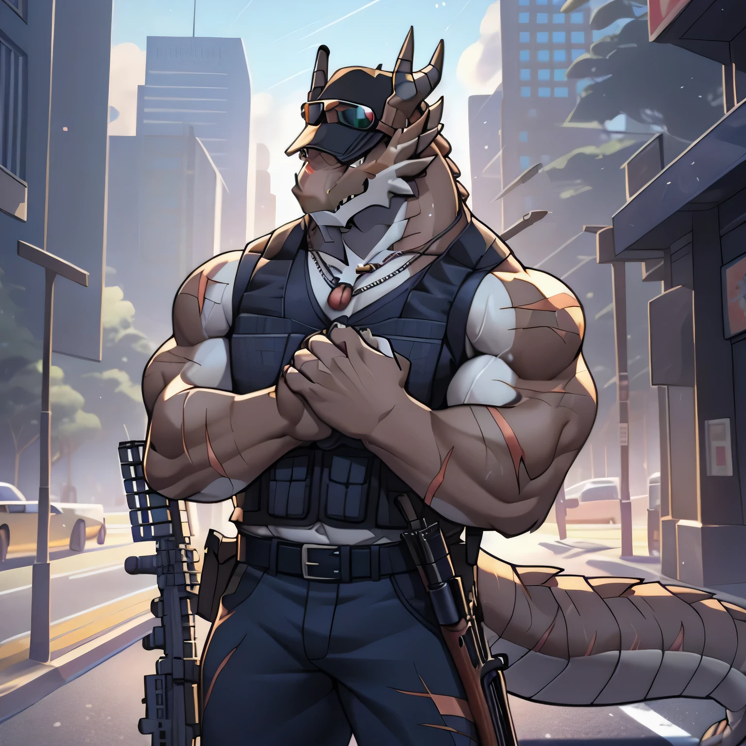 (dragon), two colors, There are scars on the face, Wearing sunglasses on head,The necklace hangs around the neck,(muscular body:1.3), There are scars on the face, Handsome, OK,(There are scars on the face), on the street,(Express),(city background),(There are scars on the face:1.2),look at screen,(dragon horn),(Dragon tail),perfect masterpiece,(16K),alone,((Strong)),,(hands crossed),Perfect proportion,front,hands crossed,Sweat,(hands crossed:1.5),(Have a gun in hand:1.3),(intense expression:1.2),(imagine:1.5),(with rifle in hands:1.8),Strong,muscle,with dragon wings,more details,CG,(dragon), torso,((Have a gun in hand)), (Bulletproof vest)),Serious expression