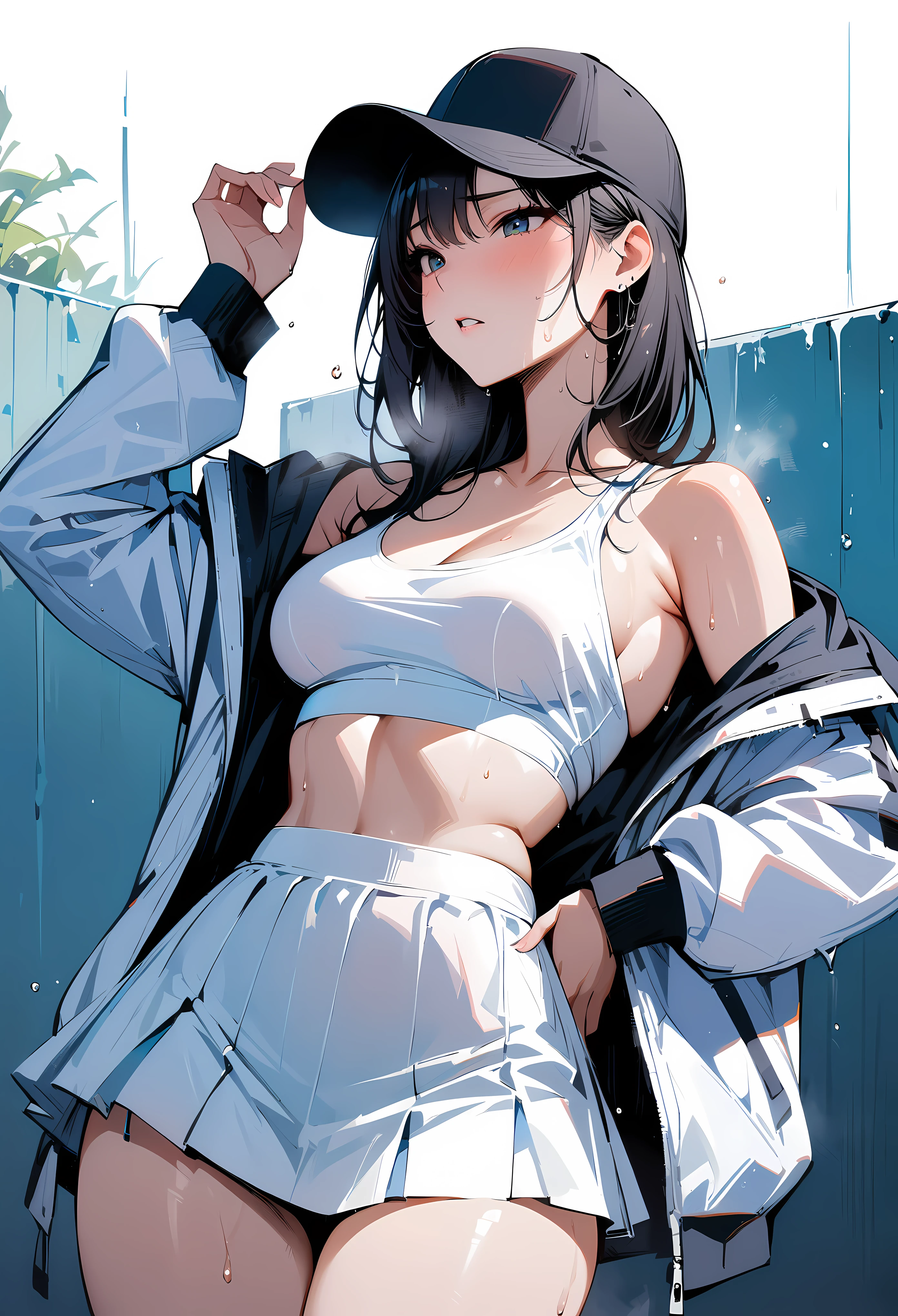 (masterpiece, best quality:1.2), 1 girl, alone , sexy ,  (tennis skirts) , (cowboy shot) , black hair ,  (white sports bra) , black cap , (Sweat) , tennis (coat)