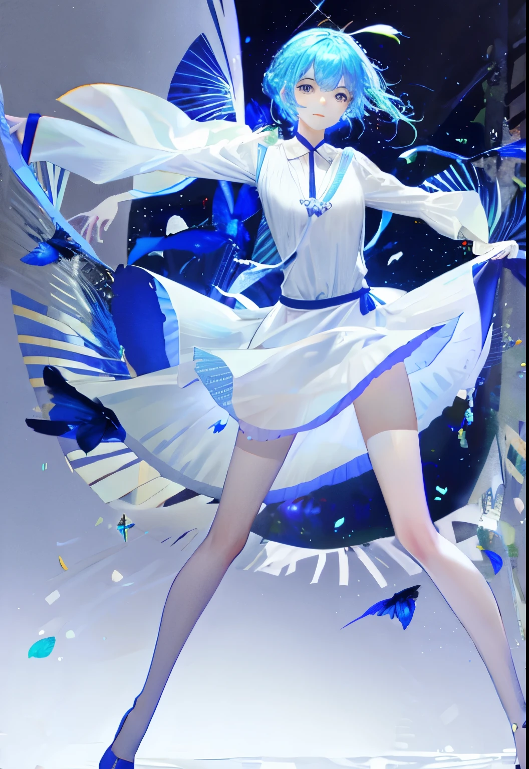 1 girl, transparent water, blue butterfly, pure white gauze skirt, sparkling