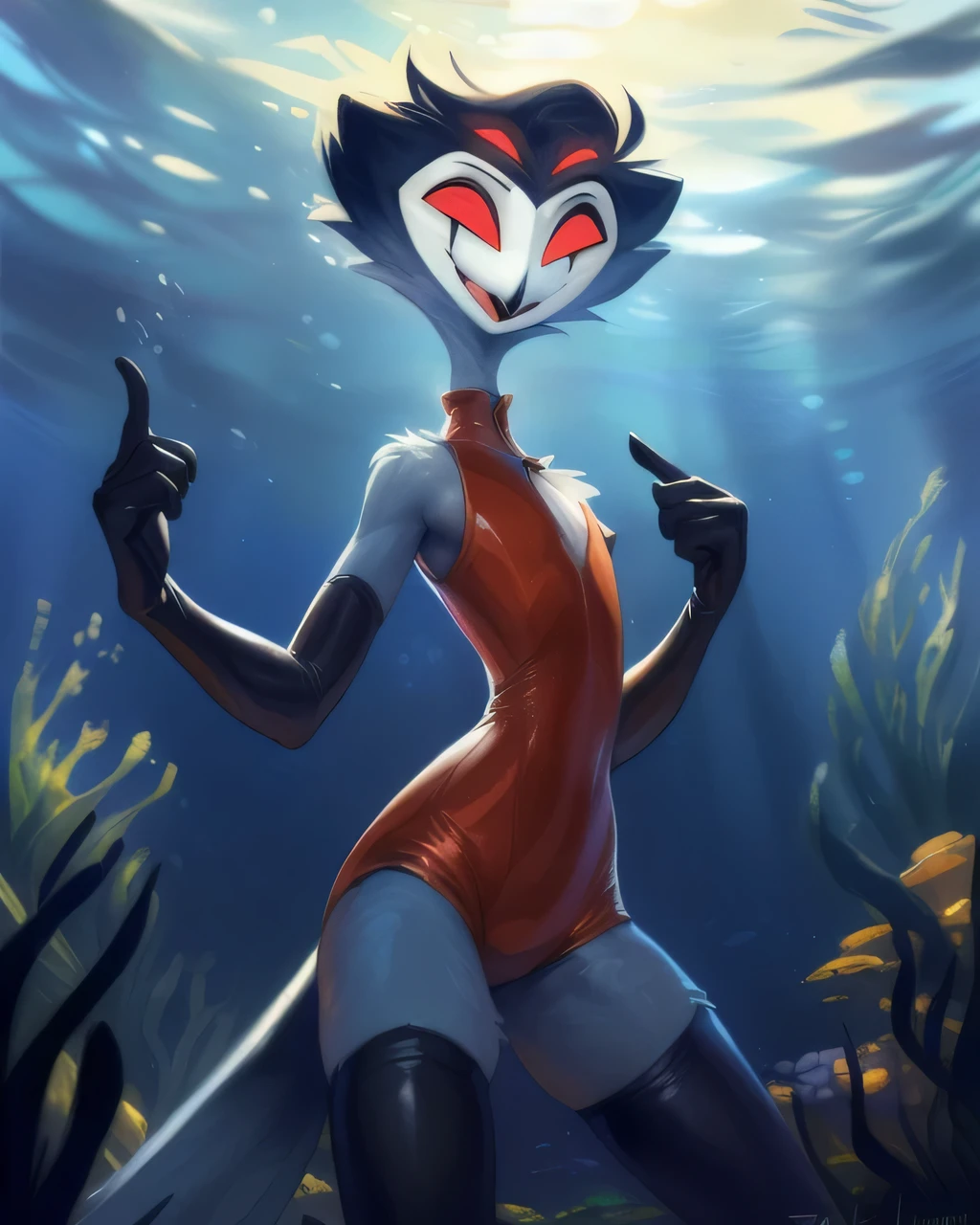 (furry art, upload on e621:1.4),((stolas)), (anthro, furry), closed mouth, sfw, nude, (beach background), short hair, black hair, white face, four eyes, high angle view, from above, girly, (skinny), (grey body), (open mouth), red eyes, 1boy, pose, black legs, smiling, black arms, solo, tail, extra eyes, (tall), (standing), ((by zackary911)), <lora:stolassv1:0.85>