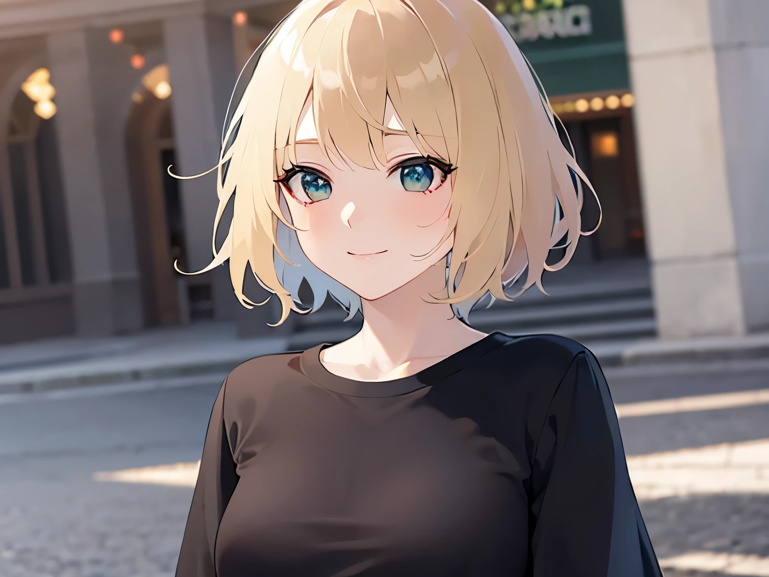 Placing hand on chest、Biologically correct five fingers、looking up, slender, slim, small breasts、Upper Body, Realistic, real person, (pale skin: 1.2), RAW photo, photorealistic, portrait photography, shiny skin, japanese idol、shiny hair、japanese, (25 year old woman with blonde bangs) and (green eyes) and (very short hair:1.5), (black) and (Plain T-shirt:1.5), (embarrassed:1.3), smile, The background is a parking lot、Alone