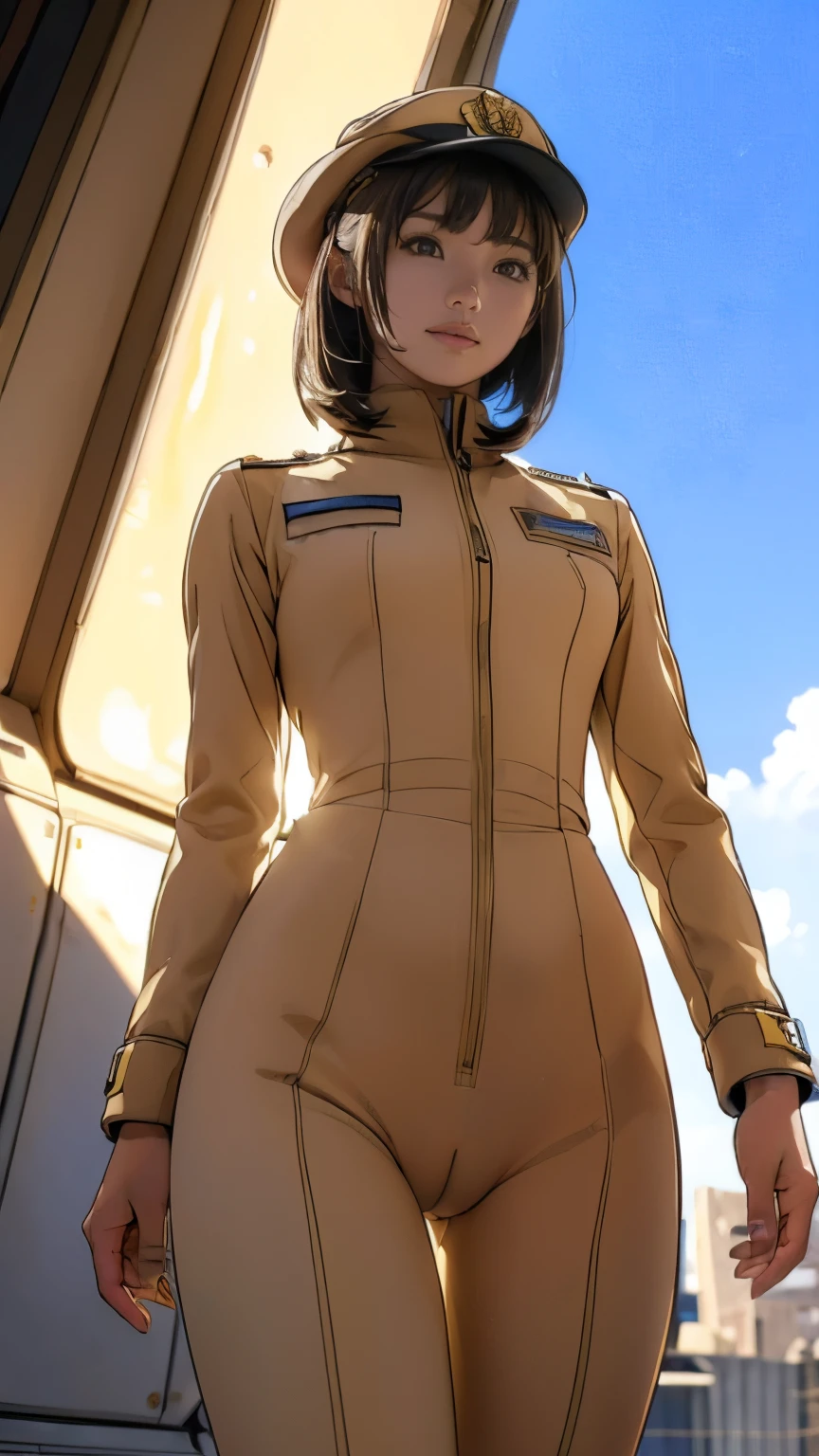 (((masterpiece,highest quality,In 8K,Super detailed,High resolution,anime style,absolutely))),(A female officer of the Earth Federation Forces is walking..:1.5),(alone:1.5), (Wearing the uniform of the Earth Federation Forces:1.5),(wearing federal employee&#39;hat of:1.5),(Cute type of girl:1.4),(Detailed facial depiction:1.4),(beautiful hands:1.4),(fine hands:1.2),(wallpaper:1.5),(whole body:1.5),((overlook:1.5)), ((15 year old Japanese girl, Fit clothing)), (inside the spaceship, Outside is space), (((camel toe)))