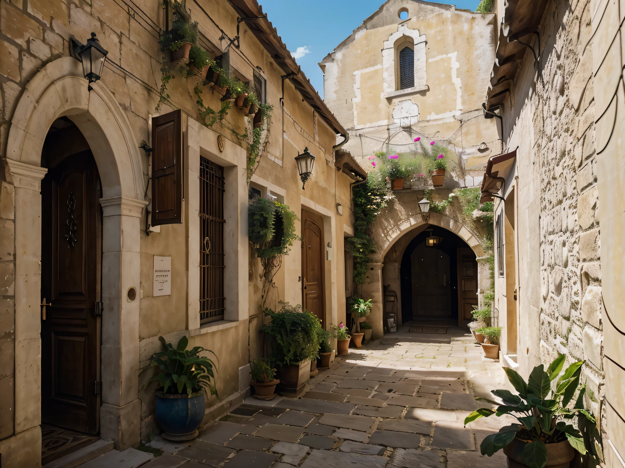 (best quality,4k,8k,highres,masterpiece:1.2),ultra-detailed,(realistic,photorealistic,photo-realistic:1.37),alley of old italian city,south italy old streets,deep chiaroscuro,beautiful detailed architectural details,vibrant colors,artistically weathered walls,narrow cobblestone paths,romantic atmosphere,lively market stalls,hanging flower baskets,historical landmarks,sunlit windows,inviting doorways,echoes of the past,local residents going about their day,authentic italian cuisine aroma,winding alleys and hidden corners,ancient stone fountains,playing children and their laughter,faint sound of accordion music,authentic italian language,exquisite balconies adorned with potted plants,hidden courtyards with charming cafes,peaceful tranquility amidst bustling city life,unique textures and patterns on the walls,shadows playing hide and seek with the sunlight,impeccably preserved architecture,graffiti art blending harmoniously with the surroundings,love notes etched on the walls,whispers of stories waiting to be discovered,majestic church spires reaching towards the sky,rich history and cultural heritage,secrets hidden within the city's walls,gentle breeze carrying the scent of the sea,relaxing escape from the modern world,a timeless beauty captured in every corner.