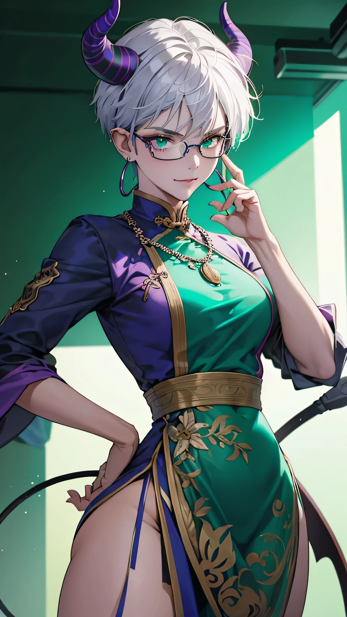 8k, masterpiece, best quality, highly detailed, 1girl, tiefling, chinese dress, stethoscope, multicolored hair, very short straight hair green highlight hair on white hair, strippled hair, wearing glasses, earrings, necklace, mole, glowing green eyes, glamorous, hospital, teal and purple dress, butterfly, high heels, navel piercing, villainy, smirk, seductive pose, close up view, rings, looking at viewer, demon horns, standing, medical equipment.