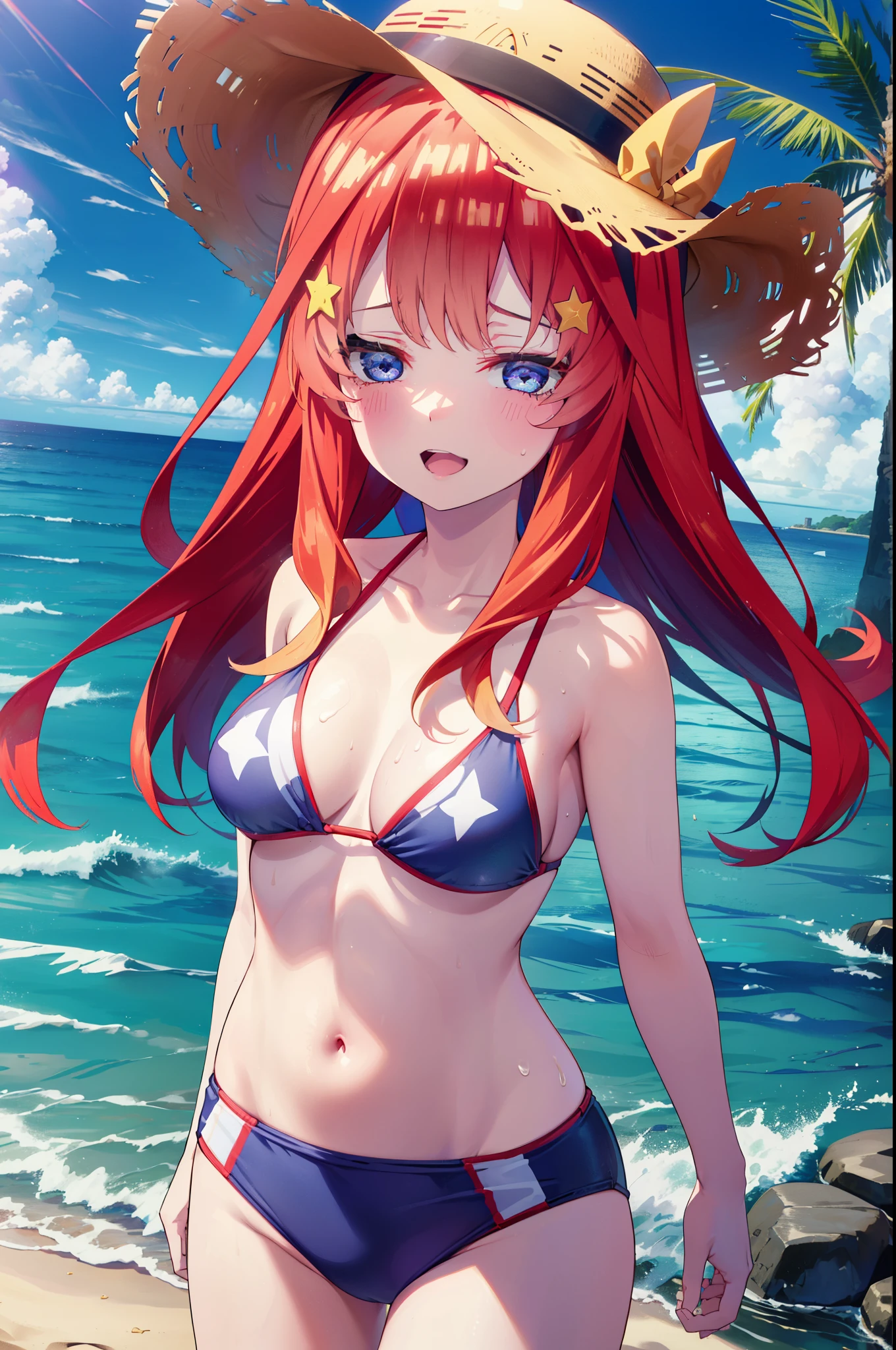itsukinakano, itsuki nakano, bangs, blue eyes, hair between eyes, Ahoge, redhead, star \(symbol\), hair ornaments, star hair ornaments,big breasts,Smile, smile, open your mouth,big straw hat, Red Bikini Swimsuit,bare belly,red long pareo swimsuit,barefoot, beach outfit,true summer,Palm tree,
break outdoors, beach,
break looking at viewer,whole body, (cowboy shot:1.5),
break (masterpiece:1.2), highest quality, High resolution, unity 8k wallpaper, (figure:0.8), (detailed and beautiful eyes:1.6), highly detailed face, perfect lighting, Very detailed CG, (perfect hands, perfect anatomy),