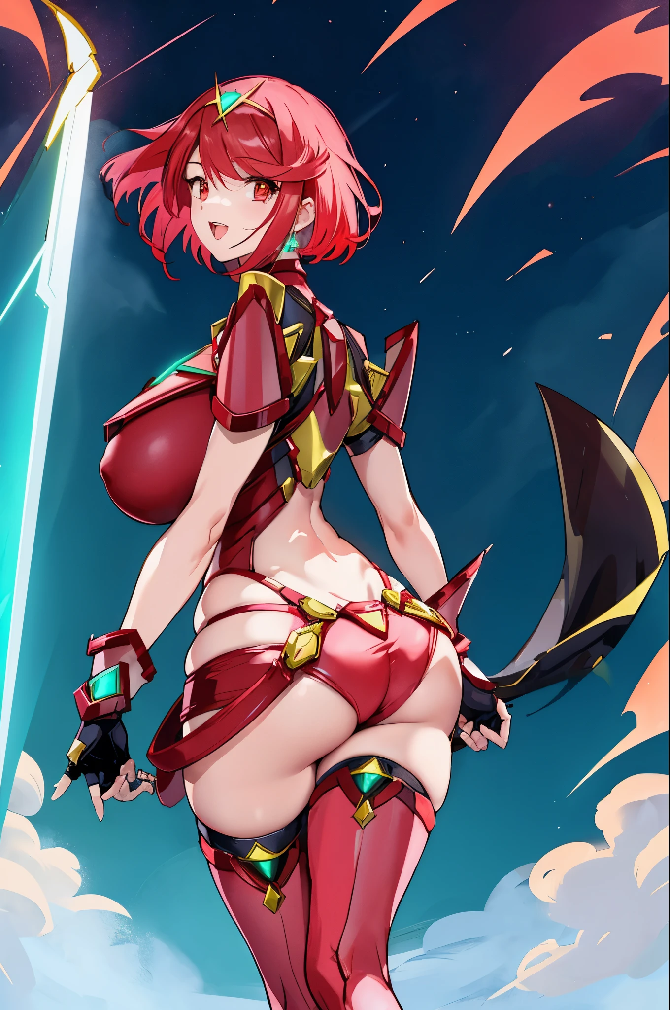 pyra \(xenoblade\), young__1girl, armor, bangs, black gloves, breasts, red eyes, closed mouth, earrings, eyelashes, fingerless gloves, floating hair, framed breasts, gem, gloves, hair ornament, headpiece, jewelry, big_breasts, leaning back, leotard, neon trim, official art, pose, red hair, red shorts, saitou masatsugu, short hair, short shorts, short sleeves, shorts, sidelocks, skin tight, solo, standing, swept bangs, thighhighs, tiara, night_prairie_background, turtleneck, underbust, vambraces, xenoblade chronicles \(series\), (xenoblade chronicles 2), apart_legs, fire_effect,dynamic_pose_fighting,light_smile, (plump:1.1), big_ass,huge_sword, hold_large_sword_hilt, solo, covered_nipples, covered_pussy,open_mouth,back_view,