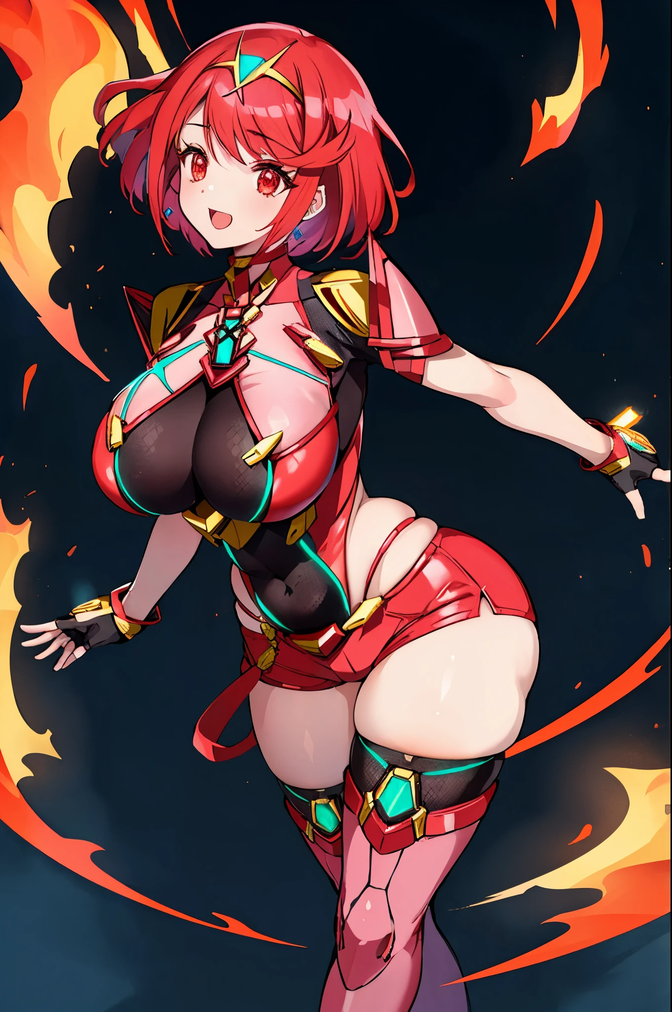 pyra \(xenoblade\), young__1girl, armor, bangs, black gloves, breasts, red eyes, closed mouth, earrings, eyelashes, fingerless gloves, floating hair, framed breasts, gem, gloves, hair ornament, headpiece, jewelry, big_breasts, leaning back, leotard, neon trim, official art, pose, red hair, red shorts, saitou masatsugu, short hair, short shorts, short sleeves, shorts, sidelocks, skin tight, solo, standing, swept bangs, thighhighs, tiara, night_prairie_background, turtleneck, underbust, vambraces, xenoblade chronicles \(series\), (xenoblade chronicles 2), apart_legs, fire_effect,dynamic_pose_fighting,light_smile, (plump:1.1), big_ass,huge_sword, hold_large_sword_hilt, solo, covered_nipples, covered_pussy,open_mouth,back_view,