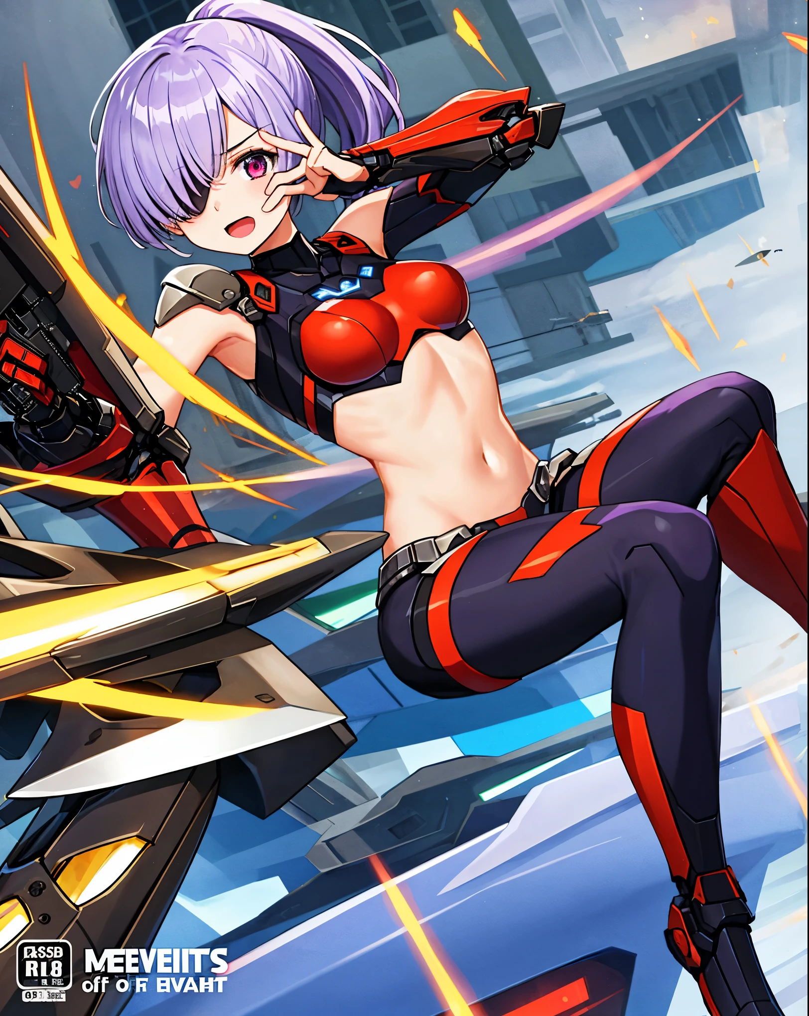 ,1girl,(young_teen:1.5), (short_ponytail:1.3), (light_whitish_purple_hair:1.3),black_mechanical_armor,white_breasts_parts_red_black_body_suit,bare_shoulder,bare_slender_thighs,medium_breasts,city_background,Stinging_eyes,sleepy,thighhigh_greaves,gauntlets,dynamic_posing,bare_frank,metal_red_parts_armor,red_eye,solo,
fists,hold_weapon,glare,navel,large_mechanical_parts,happy,waist_armor,open_mouth,rise_legs,apart_legs, (covered_navel:1.3),(very_long_bangs:1.3), (hair_over_one_eye:1.5),(long_bang_covers_right_half_of_face:1.5),
(covered_pussy:1.1),covered_breasts,fighting,