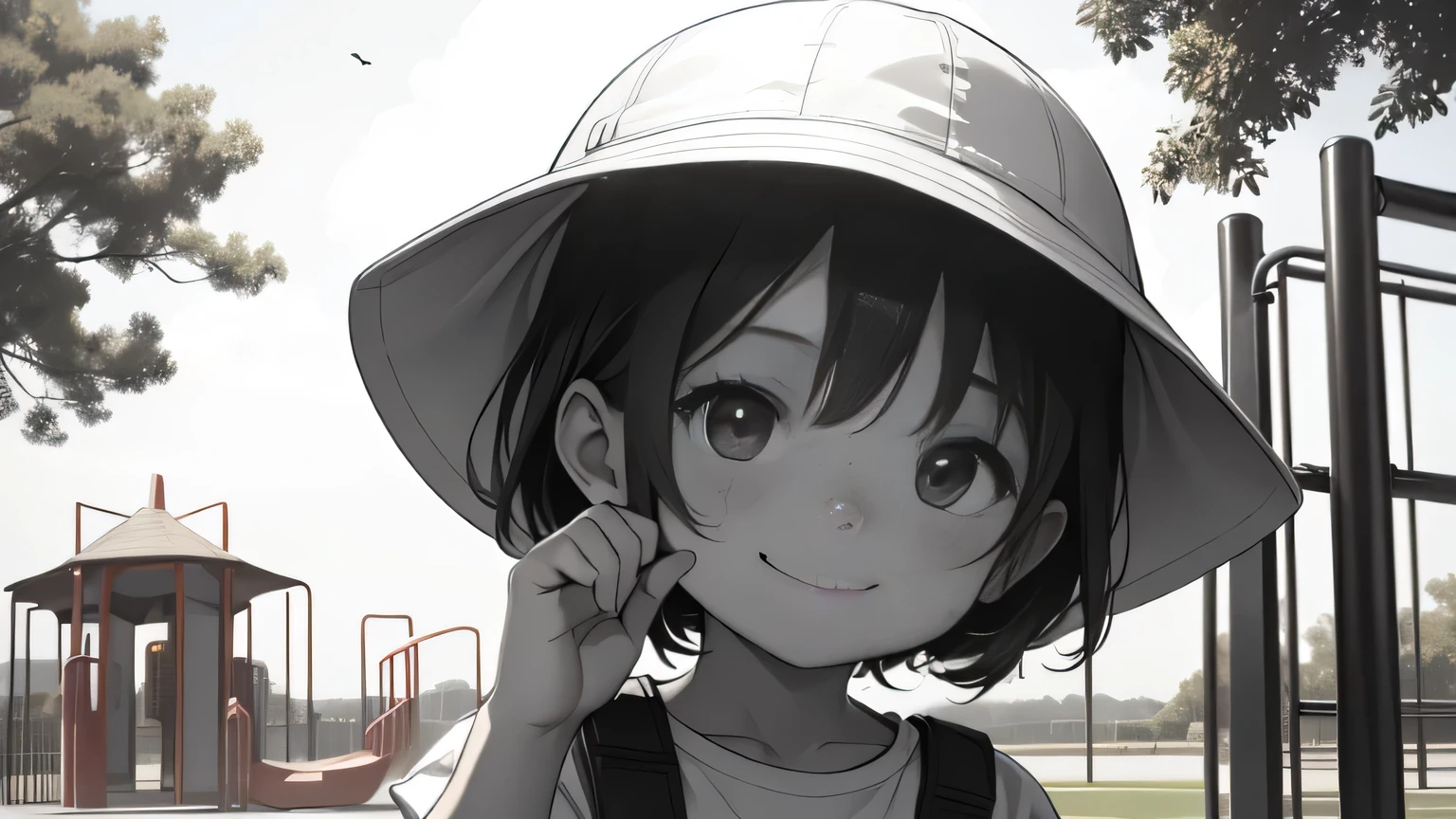 A 0--old rs a bucket hat、Raise one hand, face forward, tilt your head and smile、The background is a park with playground equipment、No hair、Monochrome sketch style