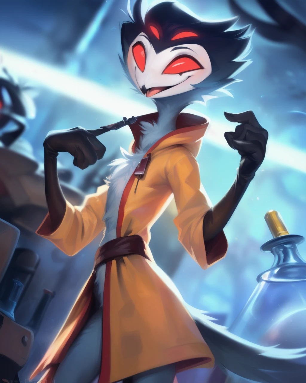 (furry art, upload on e621), ((stolas)), (anthro, furry), (open mouth), sfw, (red hazmat suit, black gloves, elbow gloves, (science lab background), low angle view, short hair, black hair, white face, four eyes, girly, (skinny), smile, happy, red eyes, 1boy, black legs, solo, (tail), extra eyes, (tall), (standing), masterpiece, (best quality:1.2), sharp image, detailed image, colorful, vibrant colors, detailed face, perfect lighting, perfect shadows, perfect eyes, perfect face, (detailed background, depth of field), (4k, 2k, shaded, absurd res),, 8k hd, (by zackary911, by darkgem), by syuro, (by kenket), by Pino Daeni, by Ruan Jia, by Shiitakemeshi, by Alayna Lemmer, by Carlo Galli Bibiena,