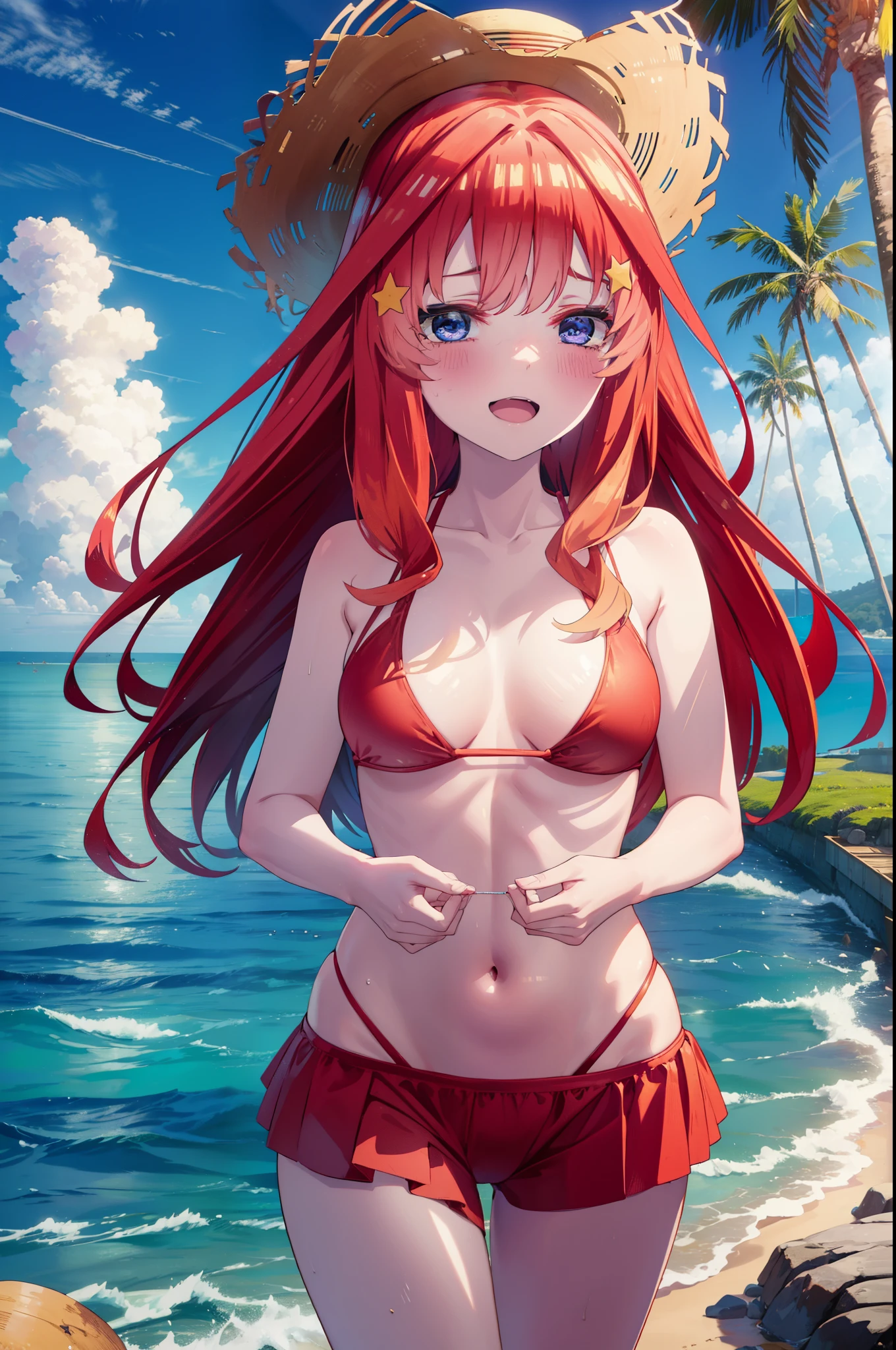 itsukinakano, itsuki nakano, bangs, blue eyes, hair between eyes, Ahoge, redhead, star \(symbol\), hair ornaments, star hair ornaments,big breasts,Smile, smile, open your mouth,big straw hat, Red Bikini Swimsuit,bare belly,red long pareo swimsuit,barefoot, beach outfit,true summer,Palm tree,
break outdoors, beach,
break looking at viewer,whole body, (cowboy shot:1.5),
break (masterpiece:1.2), highest quality, High resolution, unity 8k wallpaper, (figure:0.8), (detailed and beautiful eyes:1.6), highly detailed face, perfect lighting, Very detailed CG, (perfect hands, perfect anatomy),