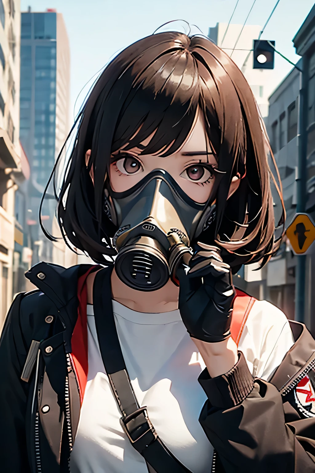 girl wearing a gas mask, wearing a gas mask with red lenses,