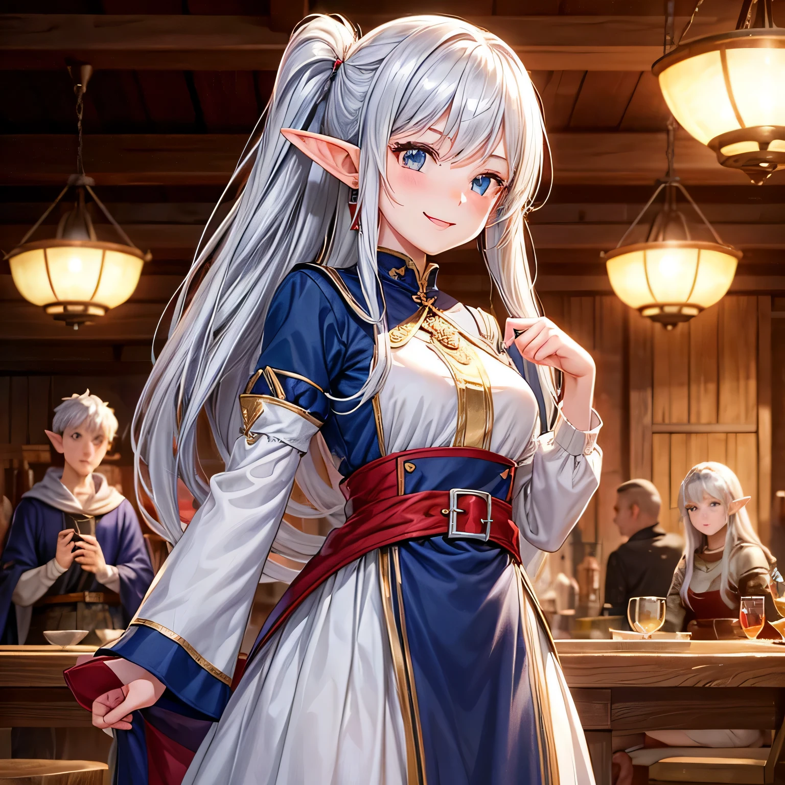 girl、elf、silver hair、pointed ears、1 person、red dresature、tall、smiling、Standing and watching the viewer、highest quality、Background inside a medieval european tavern、Lively、bright