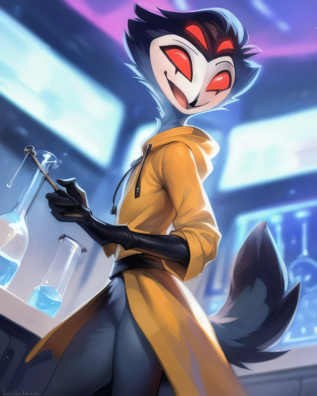 (furry art, upload on e621), ((stolas)), (anthro, furry), (open mouth), sfw, (red hazmat suit, black gloves, elbow gloves, (science lab background), low angle view, short hair, black hair, white face, four eyes, girly, (skinny), smile, happy, red eyes, 1boy, black legs, solo, (tail), extra eyes, (tall), (standing), masterpiece, (best quality:1.2), sharp image, detailed image, colorful, vibrant colors, detailed face, perfect lighting, perfect shadows, perfect eyes, perfect face, (detailed background, depth of field), (4k, 2k, shaded, absurd res),, 8k hd, (by zackary911, by darkgem), by syuro, (by kenket), by Pino Daeni, by Ruan Jia, by Shiitakemeshi, by Alayna Lemmer, by Carlo Galli Bibiena,