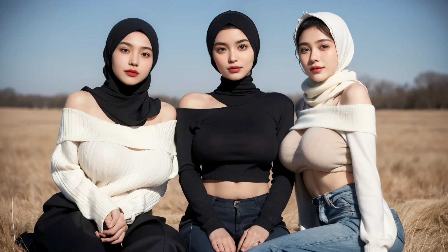 Two 20 yo woman,hijab, sweater, dark theme, soothing tones, muted colors, high contrast, (natural skin texture, hyperrealism, soft light, sharp), grass field background, slim body with big breast, (big size breast: 1.6) using off shoulder tight clothes, 2girl, giant tits, big breast, breast bigger than torso, using white sweater, using black hijab, gigantic breast, gigantic tits, sweet smiling, sitting while spreading legs, half naked (using sweater, not using pants) naked, half naked, naked with hijab ((two girls)) ((2girls)) ((2people))