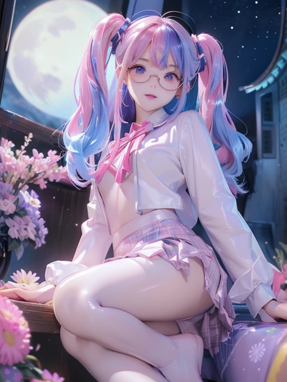 big butt、full body photo、 (With two people:1.5,)Super detailed,明るいcolor, very beautiful detailed anime face and eyes, look straight,  shiny_skin,girl, (((虹colorの髪, colorful hair, Half blue、half pink hair: 1.2)))、shiny hair, delicate beautiful face, blush、(turquoise eyes), White skin, Valletta, earrings,、full moon、starry sky、(((Floral、黄color、、purple、checked mini skirt,)))、twin tails、smile、happy face、face dyed red、color々pose、Glasses