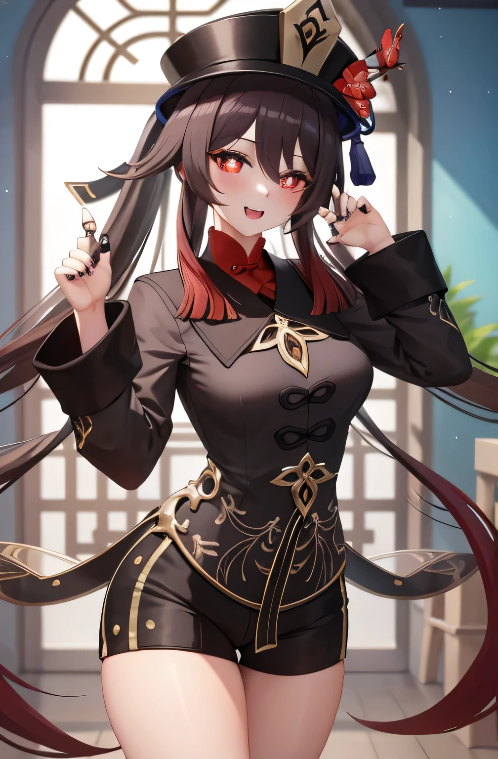 masterpiece, best quality, HuTaoV4, 1girl, solo, looking at viewer, symbol-shaped pupils, flower shaped pupils, blush, smile, open mouth, long sleeves, hat, jewelry, flower, thighs, shorts, socks, nail polish, black headwear, chinese clothes, black shorts, ring, all fours, black nails, hat flower, large breasts and thick thighs, She has a curvy body, cowboy shot, hermoso long legs, perfect hand, perfect face, perfect eyes ,ray tracing,perfect lighting,