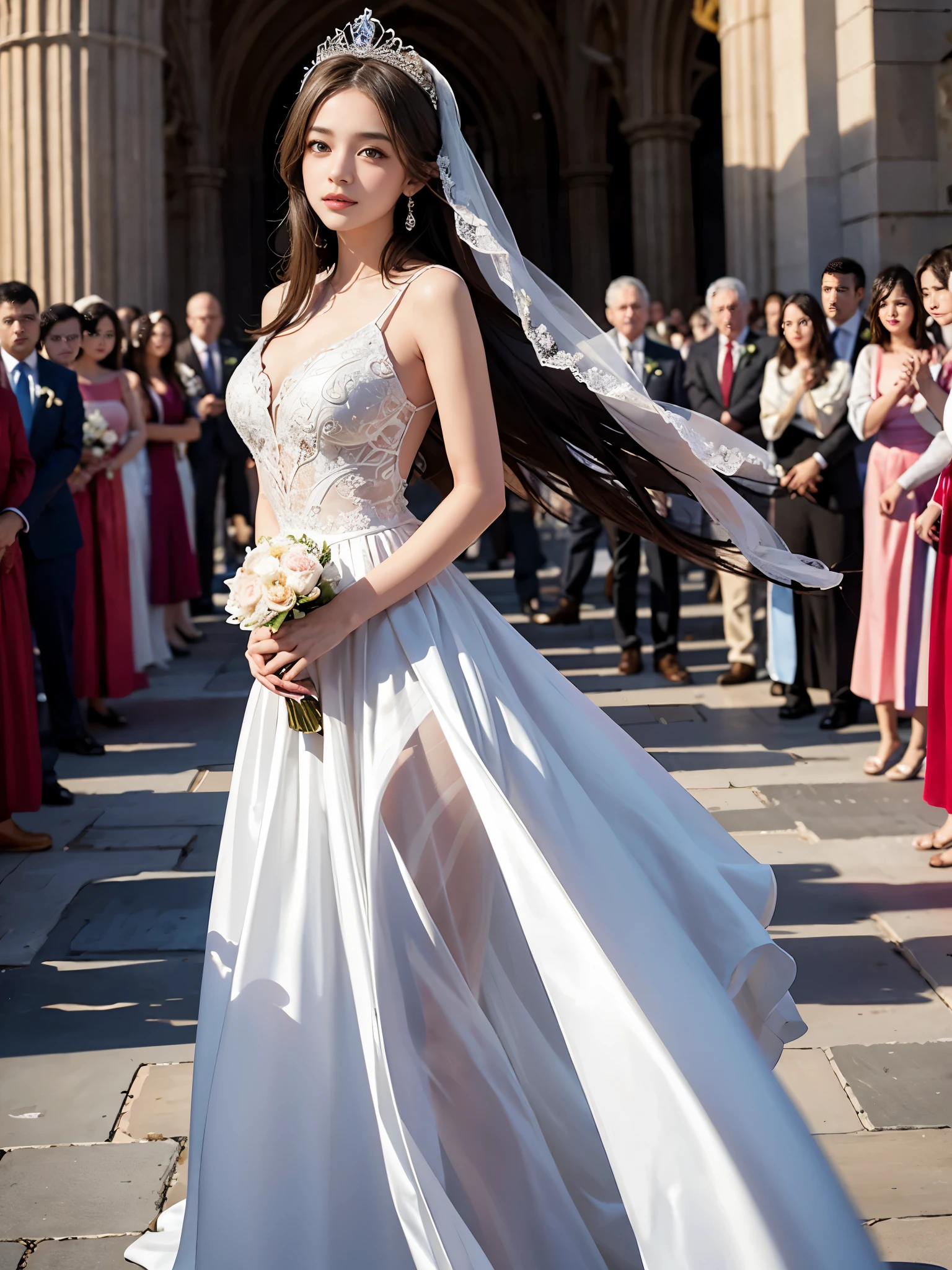 best quality, masterpiece, 1 girl, (yak), cute , shiny lips, sweet, sun glare, Conservative attire, wedding dress, bridal tiara, depth of field, blurred background, Cathedral Background, light particles, strong wind, head tilt, long hair,