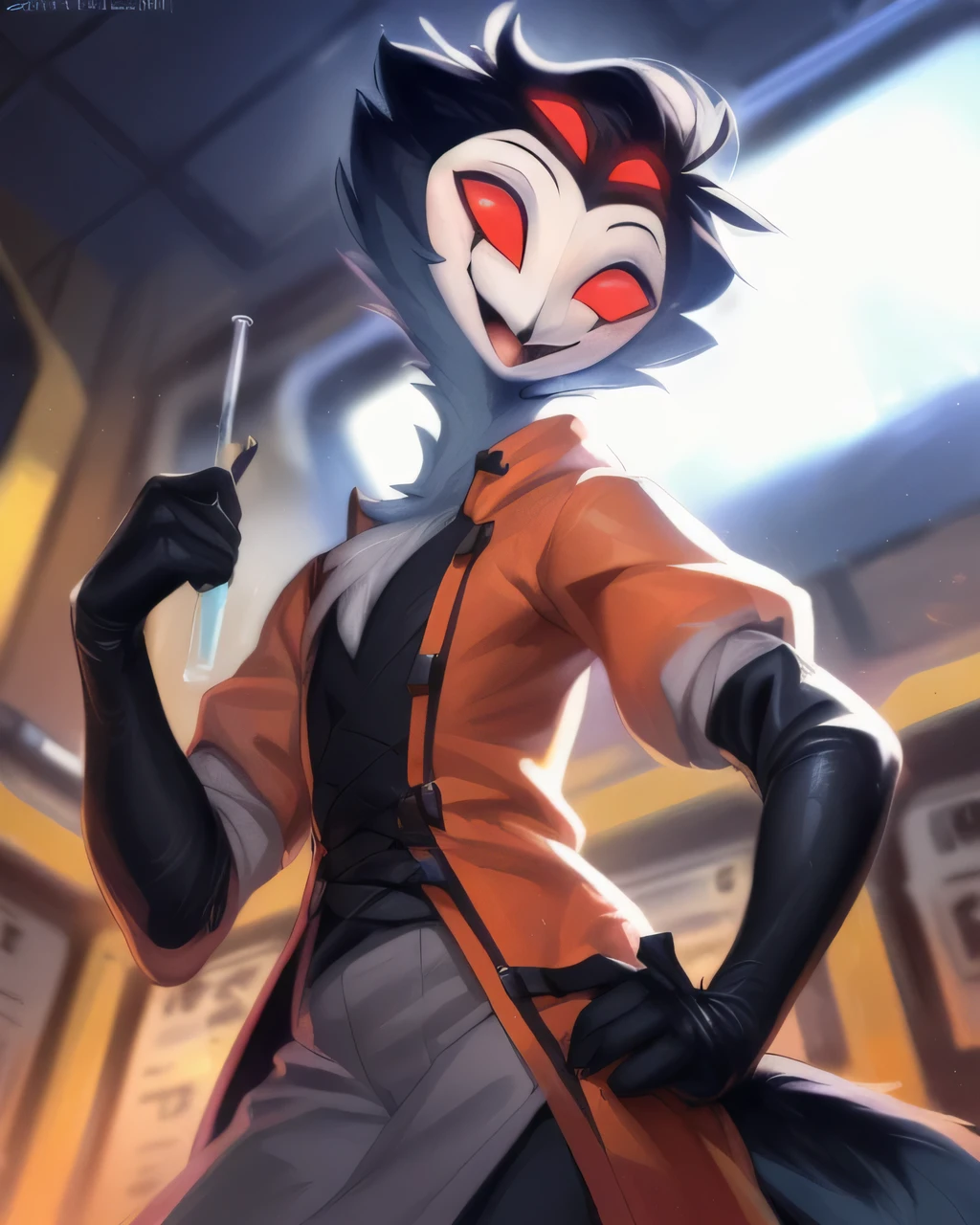 (furry art, upload on e621), ((stolas)), (anthro, furry), (open mouth), sfw, (red hazmat suit, black gloves, elbow gloves, (science lab background), low angle view, short hair, black hair, white face, four eyes, girly, (skinny), smile, happy, red eyes, 1boy, black legs, solo, (tail), extra eyes, (tall), (standing), masterpiece, (best quality:1.2), sharp image, detailed image, colorful, vibrant colors, detailed face, perfect lighting, perfect shadows, perfect eyes, perfect face, (detailed background, depth of field), (4k, 2k, shaded, absurd res),, 8k hd, (by zackary911, by darkgem), by syuro, (by kenket), by Pino Daeni, by Ruan Jia, by Shiitakemeshi, by Alayna Lemmer, by Carlo Galli Bibiena,