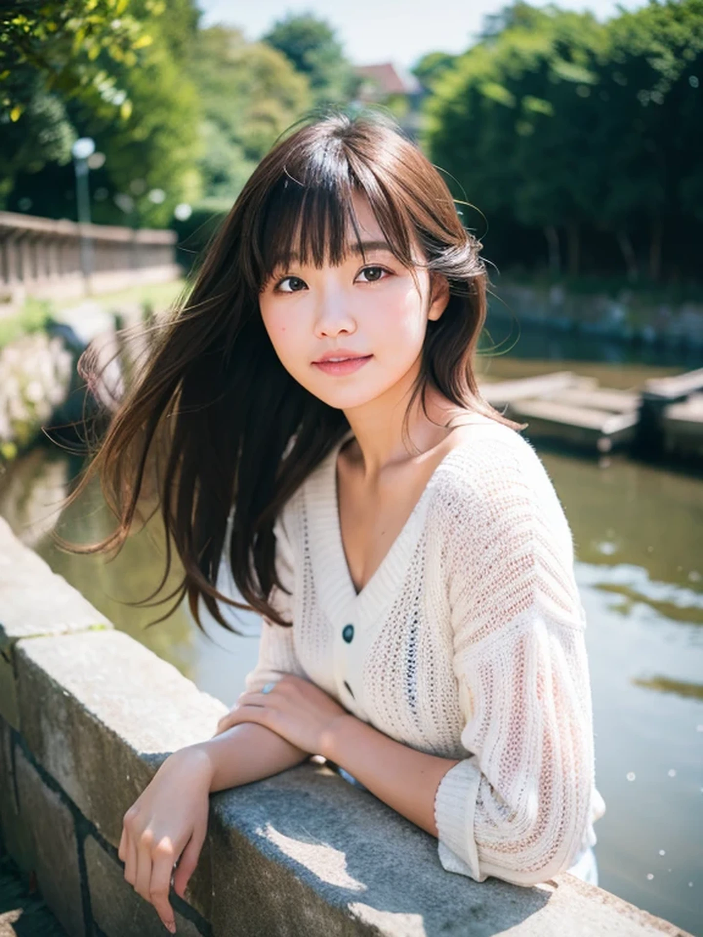 masterpiece, Best Quality, Raw photo, 8K, ultra-detailed face, 1girl, Beautiful detailed skin, backlight, soft light, bashful, (shoot from front:1.2), smile, Luminescent, Anatomically correct, Medium hair swaying in the wind, bangs, Eyes and faces with detailed, Textured skin, Professional Photography, Bokeh, Portrait, Professional Lighting, Solo, Cute, Girly, Film grain, sweater, Watermill,