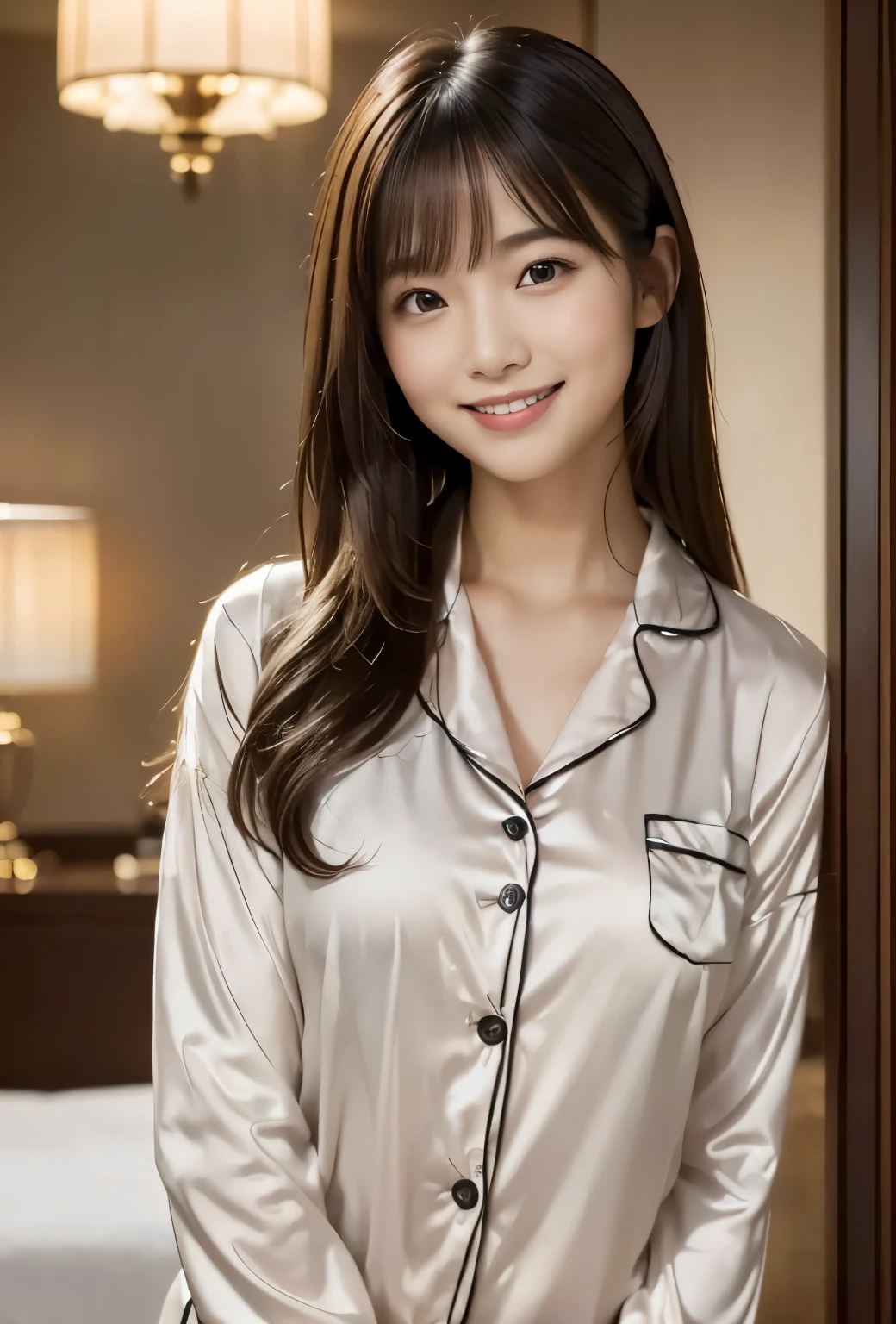 (((Hotel:1.3, indoor, Photographed from the front))), ((long hair:1.3, pajamas,japanese woman,smile, cute)), (clean, natural makeup), (highest quality, masterpiece:1.3, 超High resolution), (Super detailed, caustics), (realistic:1.4, RAW shooting), very detailed, High resolution, 16K resolution