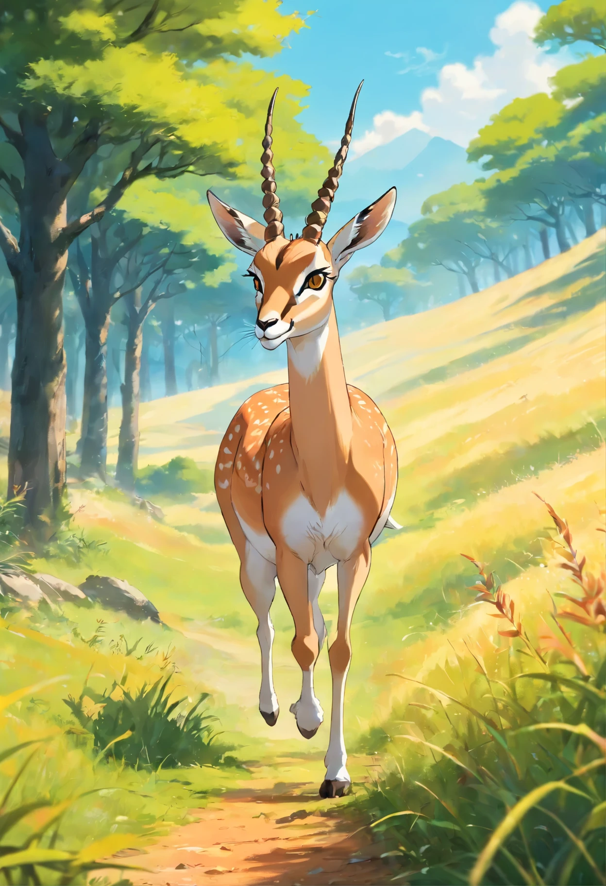 a graceful gazelle running in a vibrant savanna,blurred grasslands in the background,sunlit forest with tall trees,deep blue sky filled with fluffy clouds,beautifully patterned coat shimmering in the sunlight,striking and elongated horns,swift movements and nimble steps,blending with the surrounding nature,highres and ultra-detailed rendering,realistic and vivid colors with warm tones,subtle bokeh effect accentuating the focus on the gazelle's elegant form