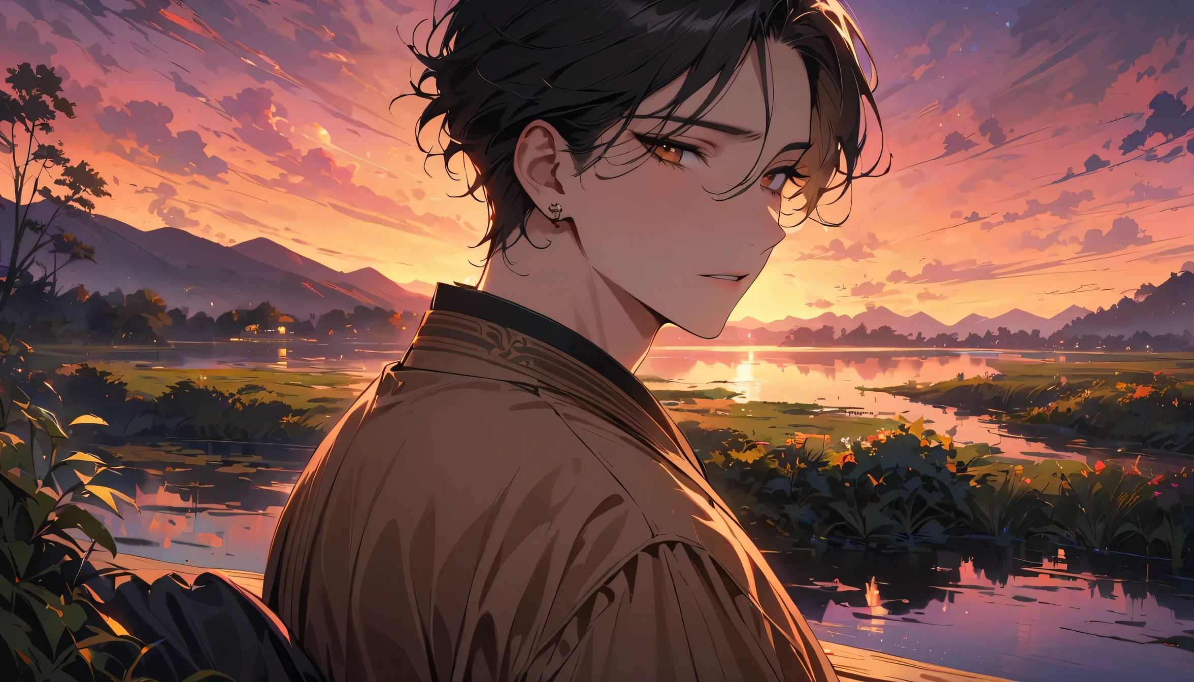 1 male, black hair, brown pupils, delicate face, Lovely, earrings, Brown kimono, playful, ultra high resolution, masterpiece, highest quality, Super detailed, Accurate,(pond in the evening) ,colorful sunset